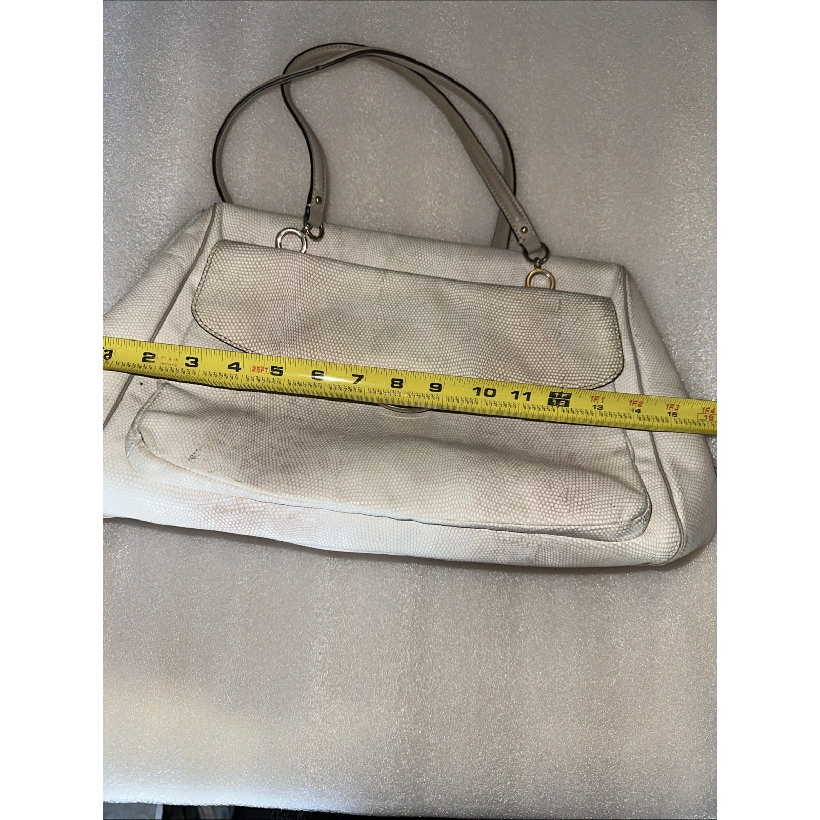 Coach White Leather Textured Shoulder Bag With Gold Turnlock & Double Handles