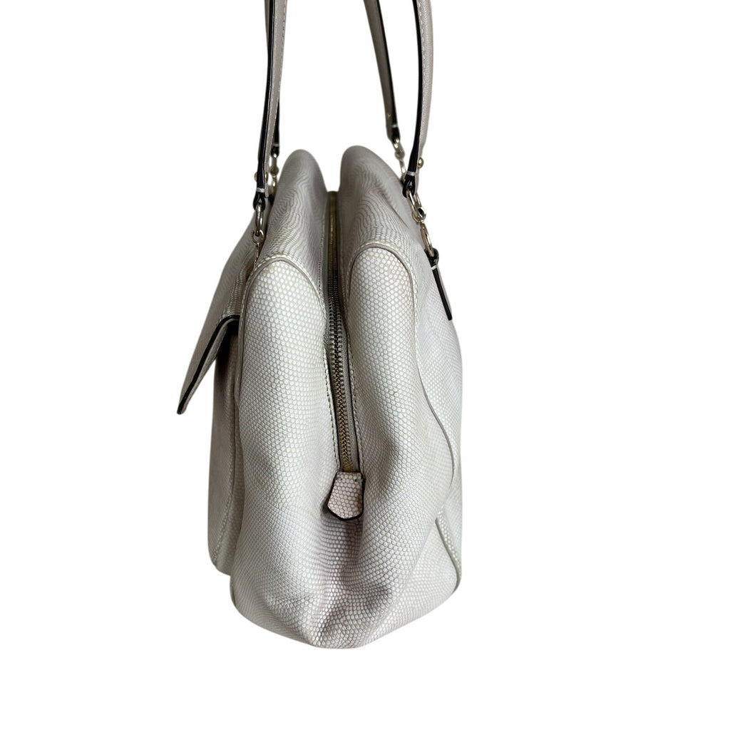 Coach White Leather Textured Shoulder Bag With Gold Turnlock & Double Handles