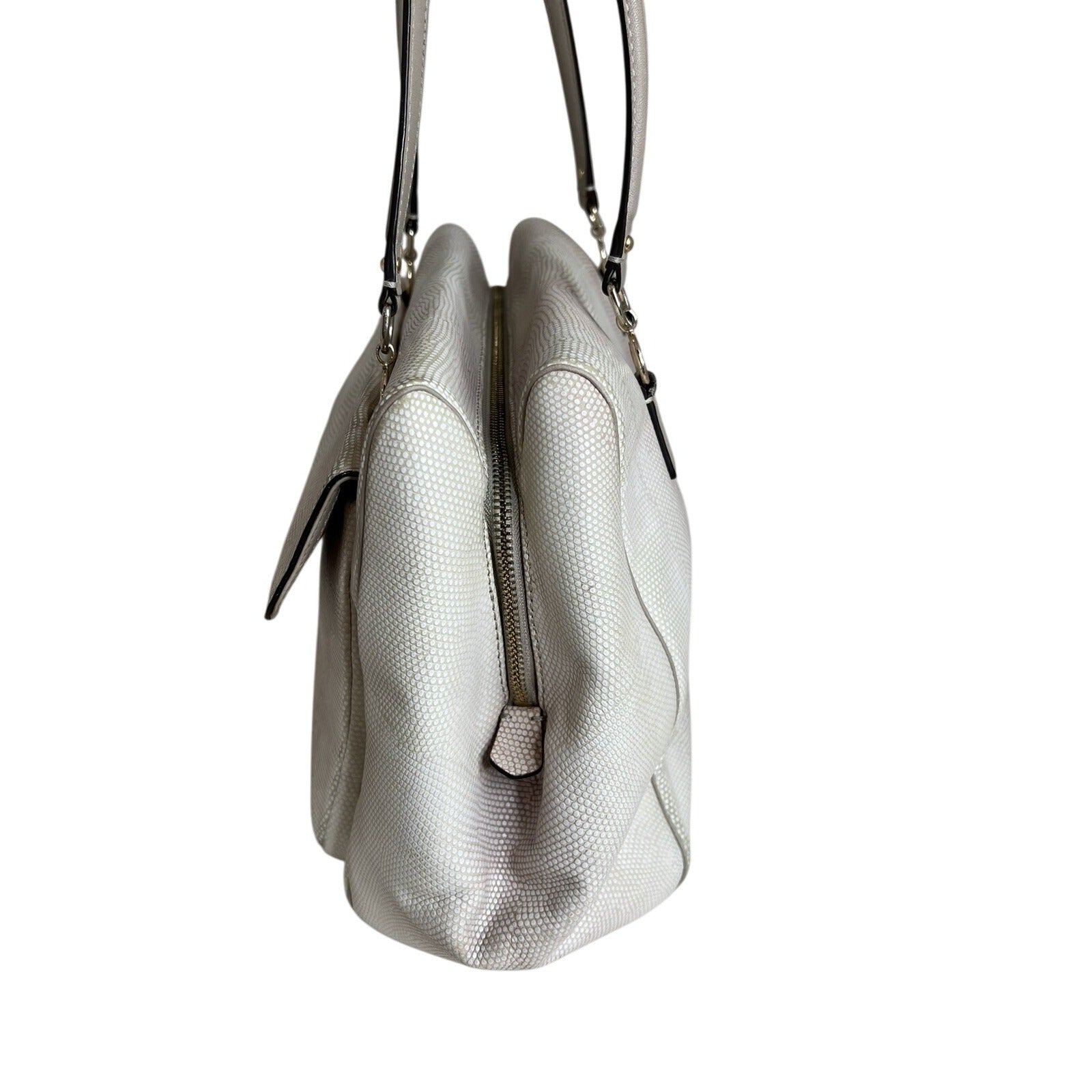Coach White Leather Textured Shoulder Bag With Gold Turnlock & Double Handles