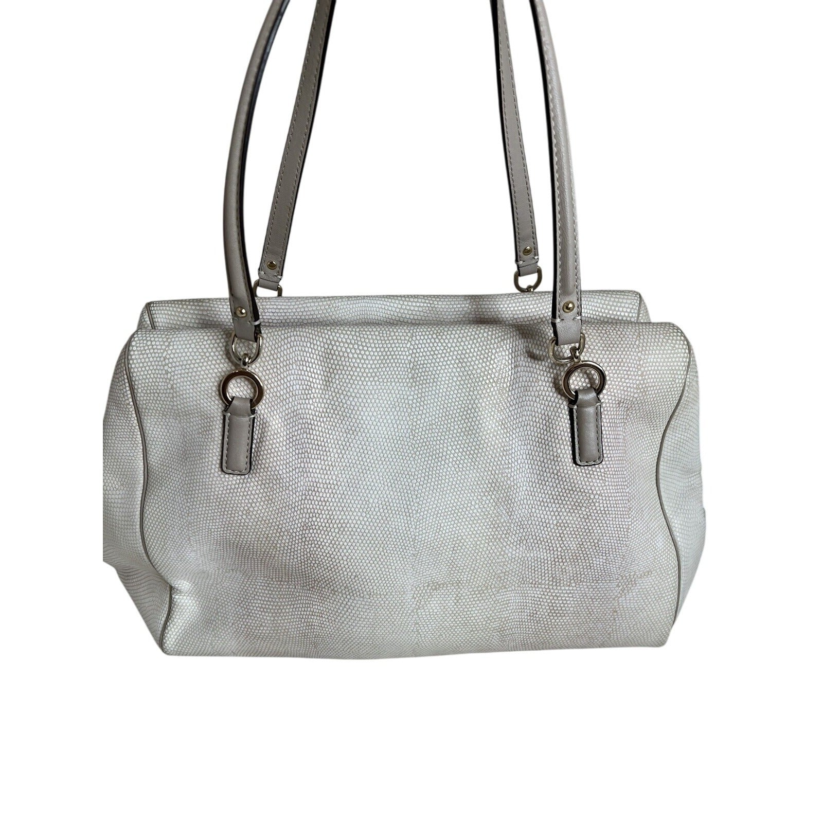 Coach White Leather Textured Shoulder Bag With Gold Turnlock & Double Handles