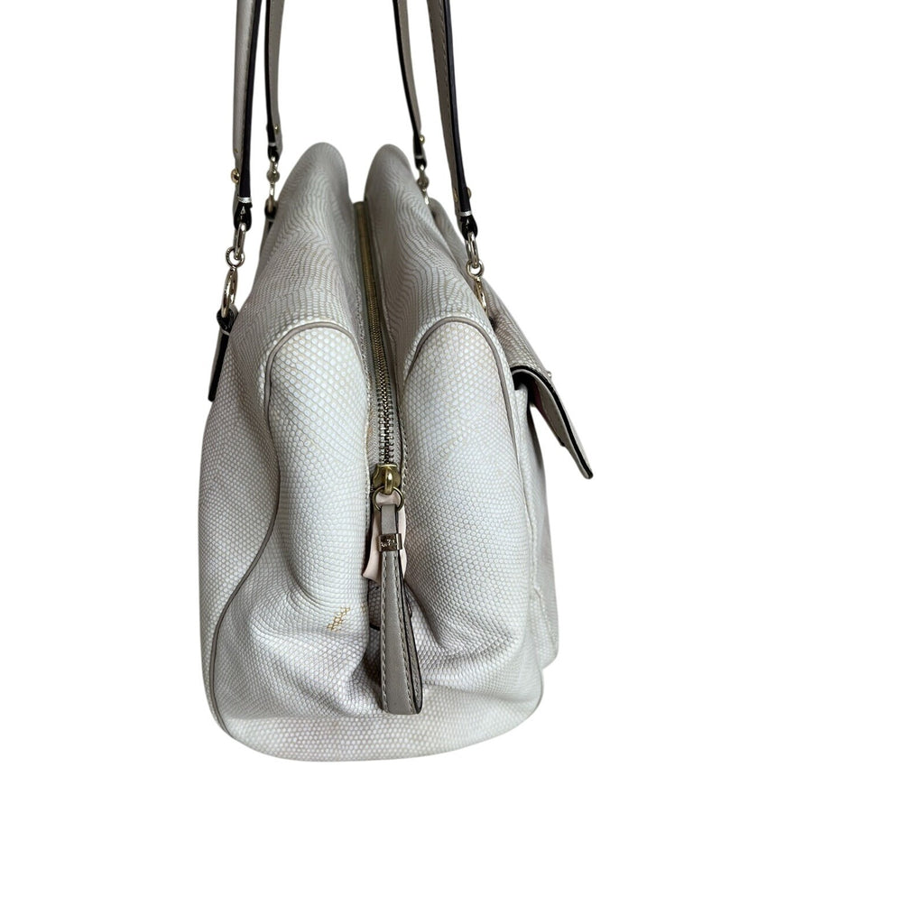 Coach White Leather Textured Shoulder Bag With Gold Turnlock & Double Handles
