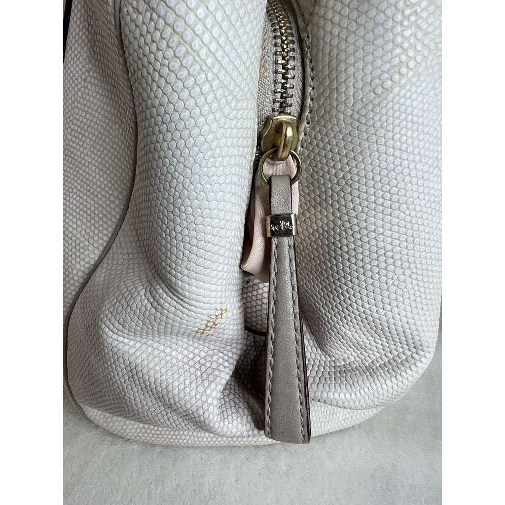 Coach White Leather Textured Shoulder Bag With Gold Turnlock & Double Handles