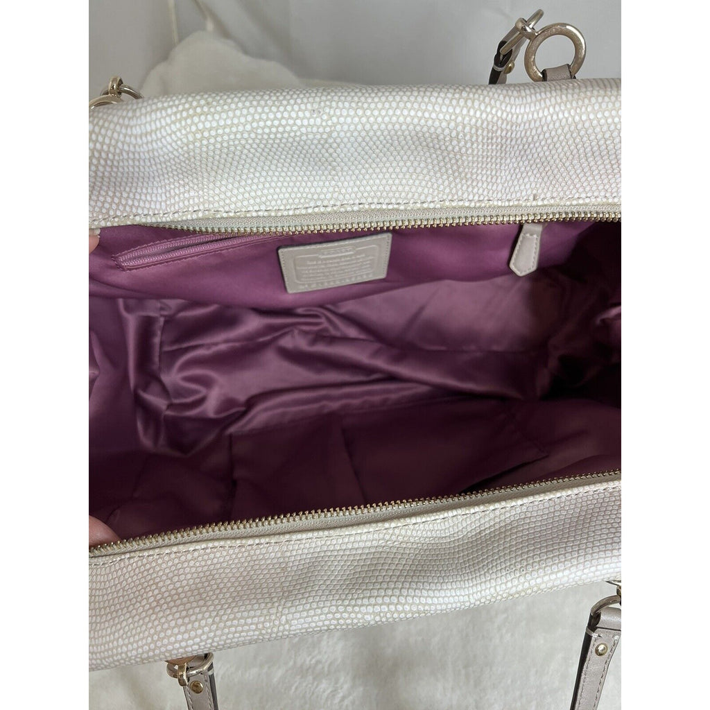 Coach White Leather Textured Shoulder Bag With Gold Turnlock & Double Handles