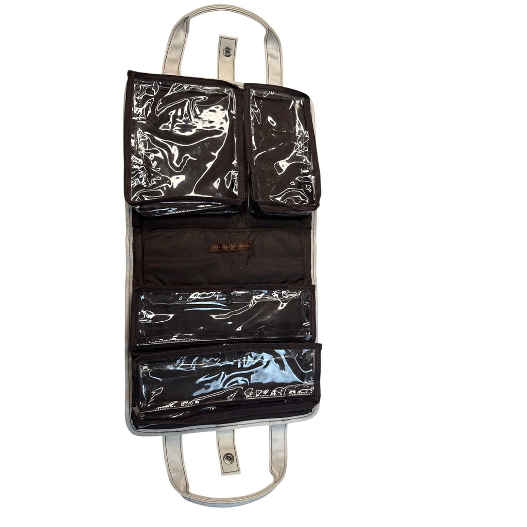 Bear Escentuals Hanging Makeup Organizer With Clear Zip Compartments & Faux Leather Exterior - White Black