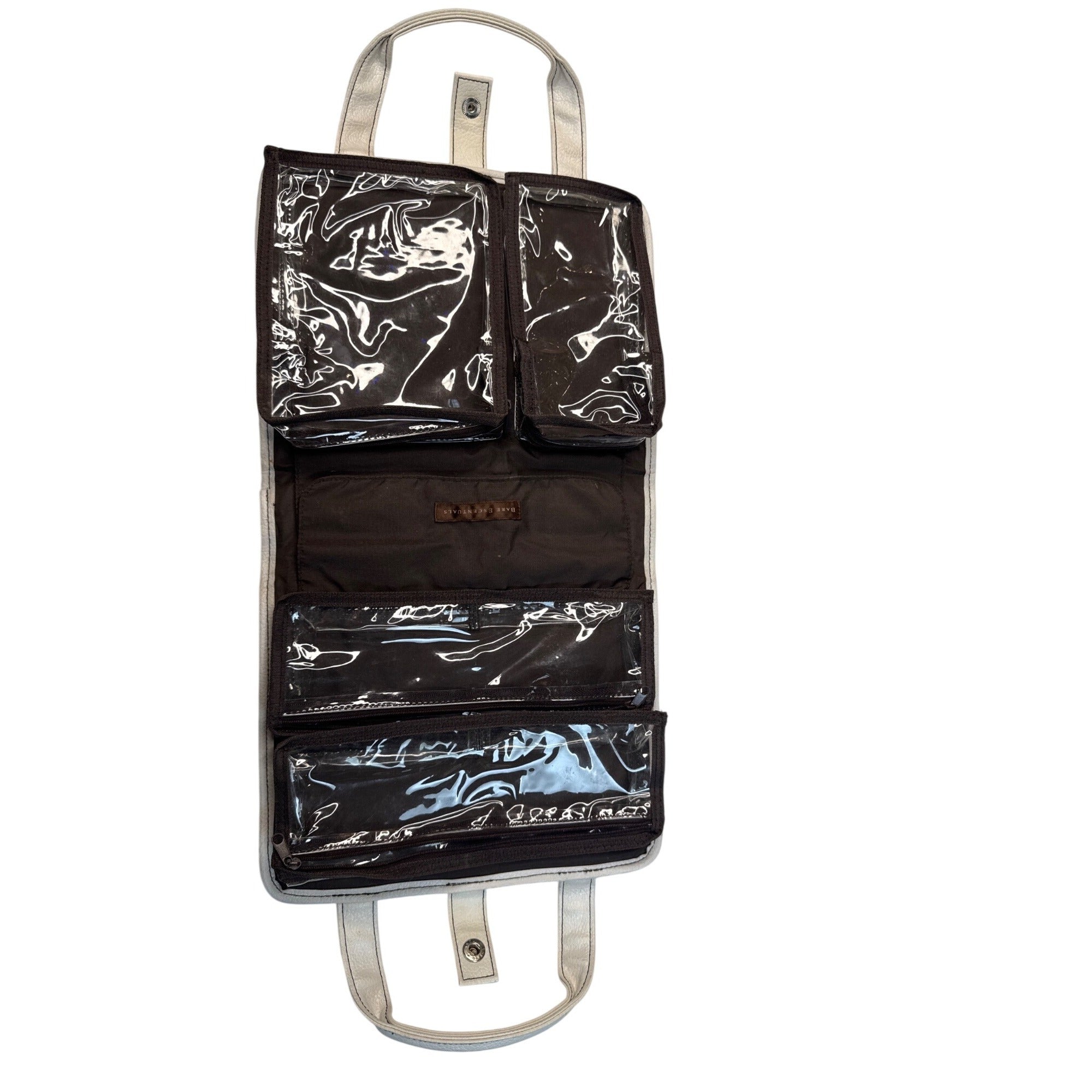 Bear Escentuals Hanging Makeup Organizer With Clear Zip Compartments & Faux Leather Exterior - White Black