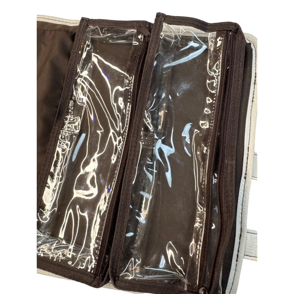 Bear Escentuals Hanging Makeup Organizer With Clear Zip Compartments & Faux Leather Exterior - White Black