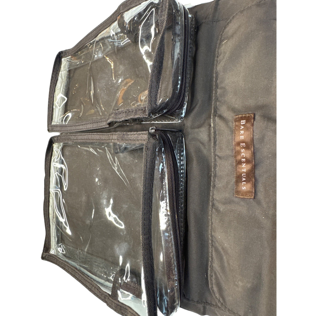 Bear Escentuals Hanging Makeup Organizer With Clear Zip Compartments & Faux Leather Exterior - White Black
