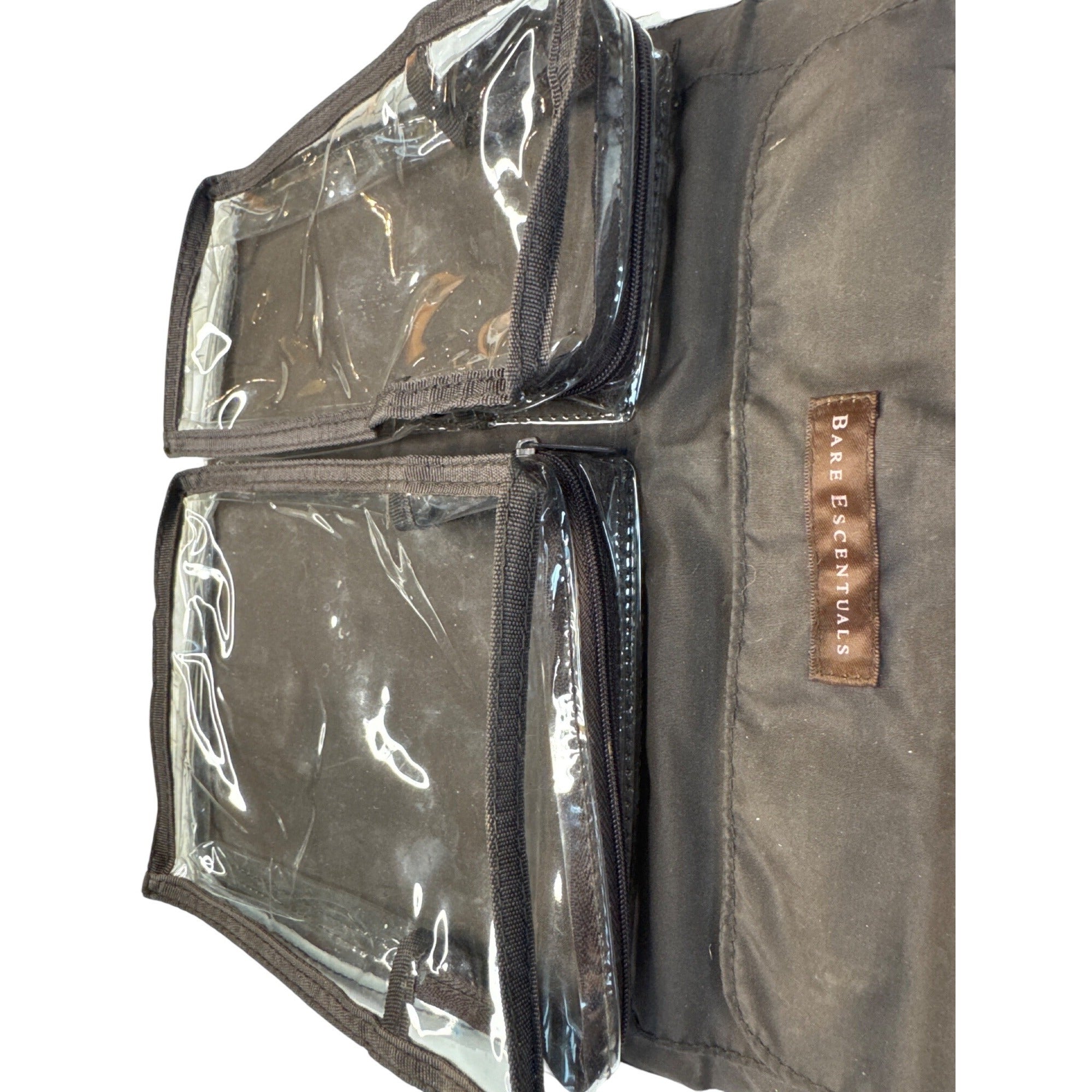 Bear Escentuals Hanging Makeup Organizer With Clear Zip Compartments & Faux Leather Exterior - White Black