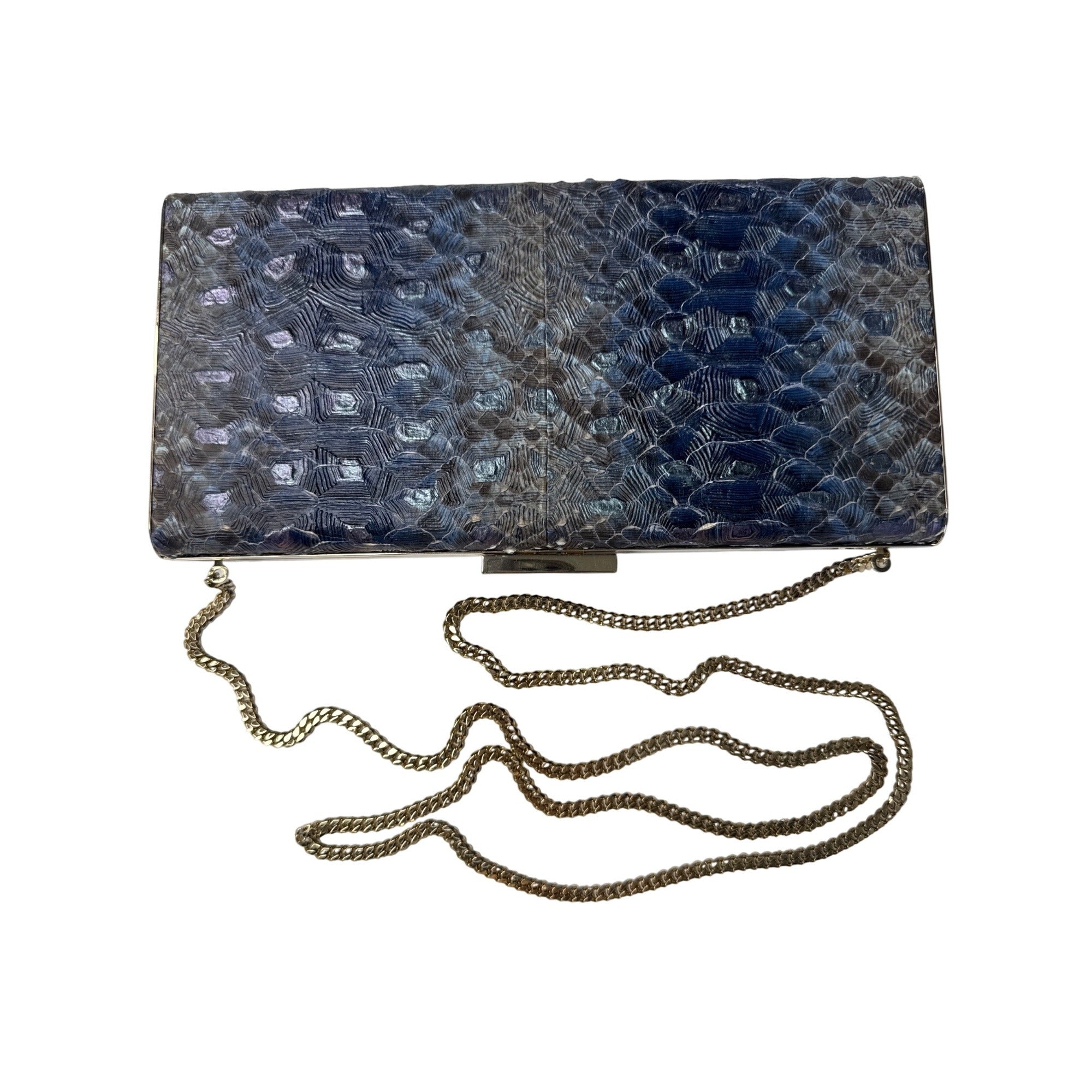 Dee Ocleppo Blue Embossed Snake Print Clutch W/ Gold Chain Strap 10" X 4.5" X 2"