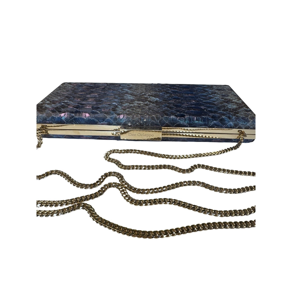 Dee Ocleppo Blue Embossed Snake Print Clutch W/ Gold Chain Strap 10" X 4.5" X 2"