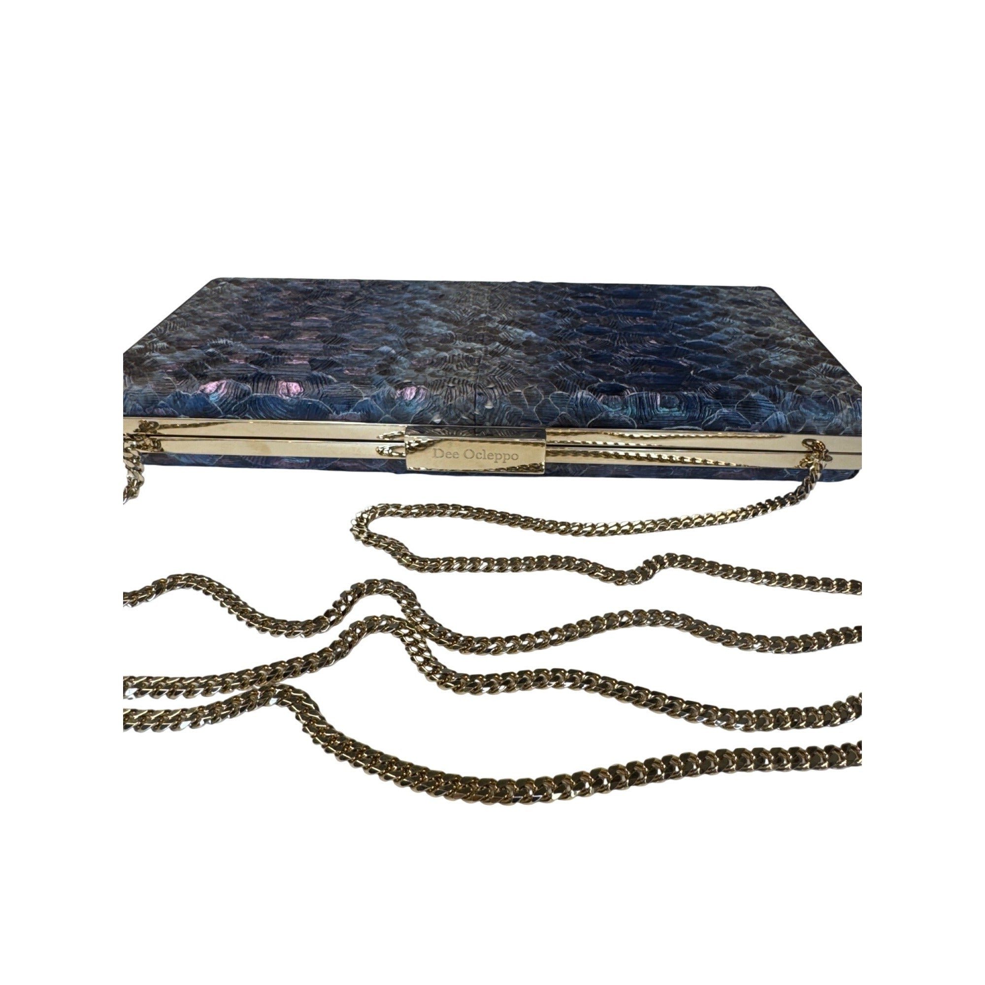 Dee Ocleppo Blue Embossed Snake Print Clutch W/ Gold Chain Strap 10" X 4.5" X 2"