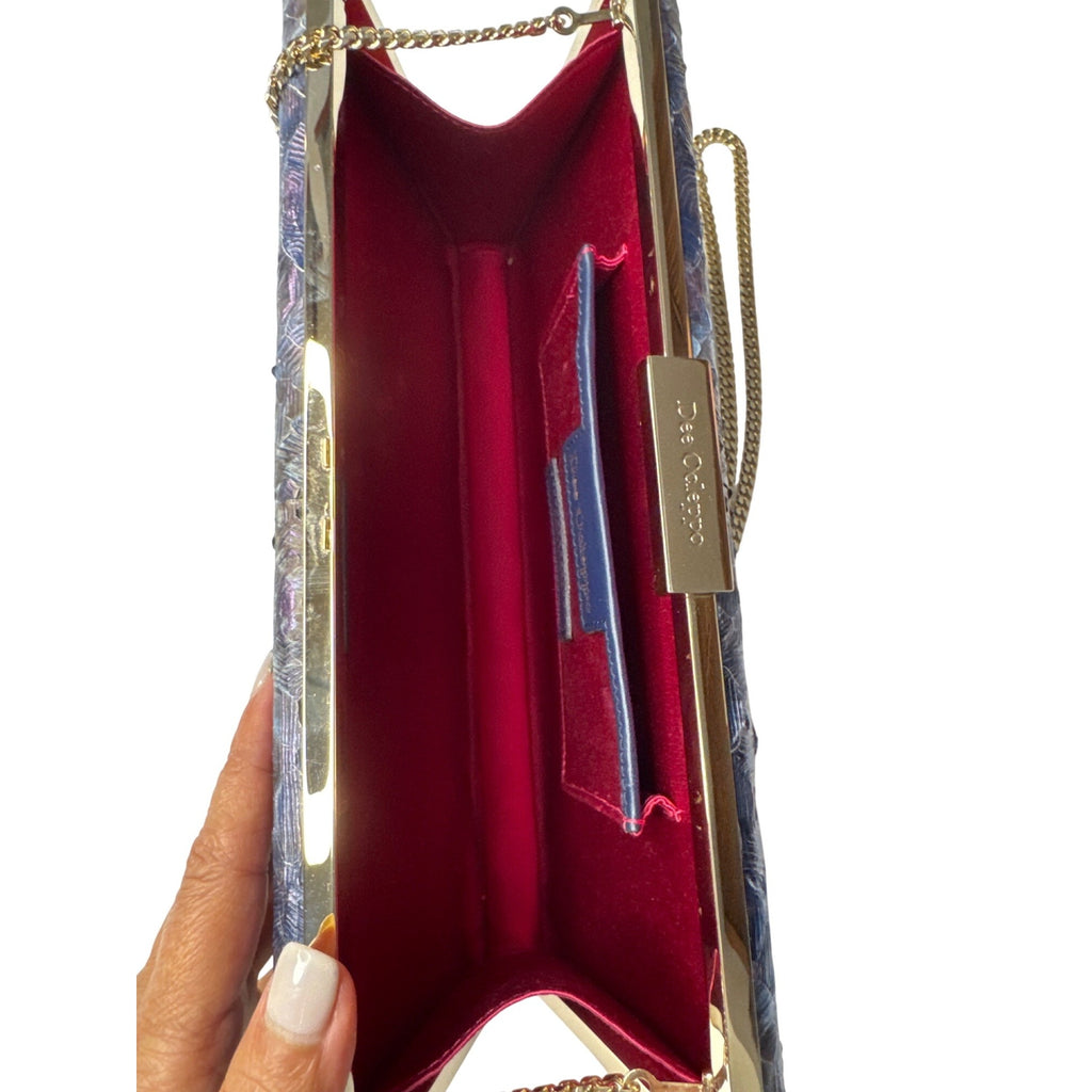 Dee Ocleppo Blue Embossed Snake Print Clutch W/ Gold Chain Strap 10" X 4.5" X 2"