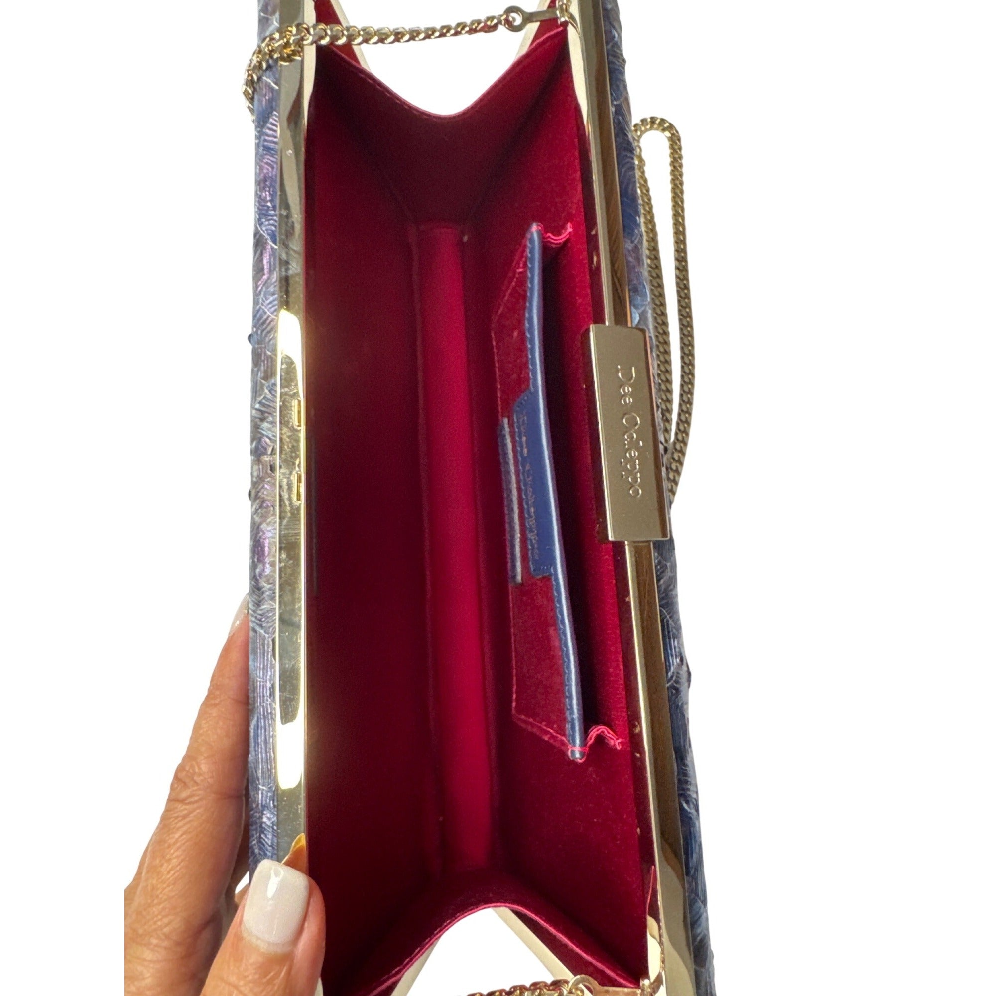 Dee Ocleppo Blue Embossed Snake Print Clutch W/ Gold Chain Strap 10" X 4.5" X 2"