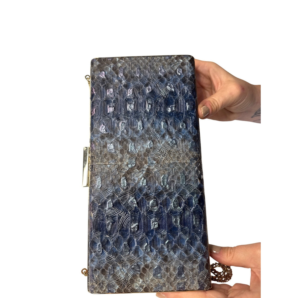 Dee Ocleppo Blue Embossed Snake Print Clutch W/ Gold Chain Strap 10" X 4.5" X 2"