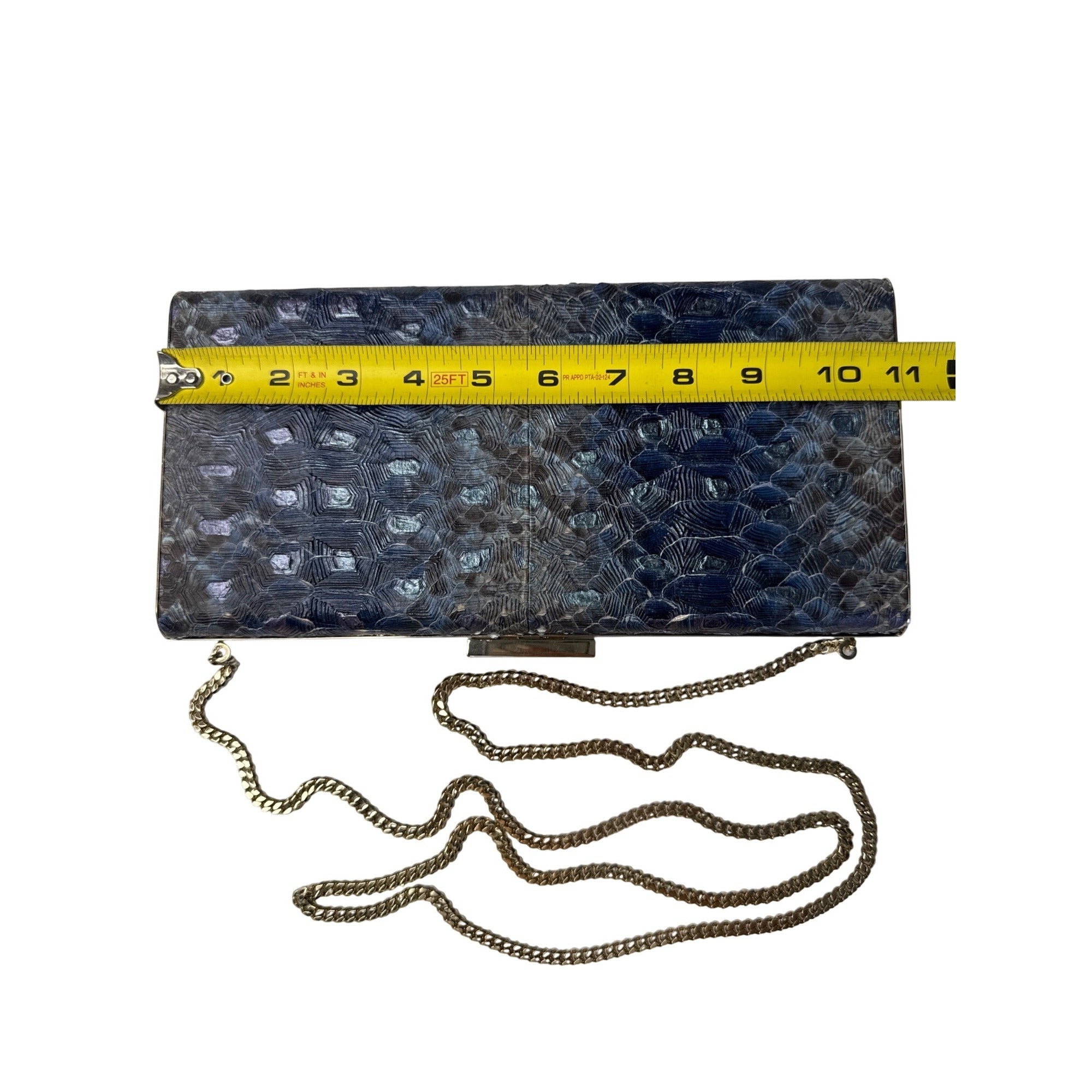 Dee Ocleppo Blue Embossed Snake Print Clutch W/ Gold Chain Strap 10" X 4.5" X 2"