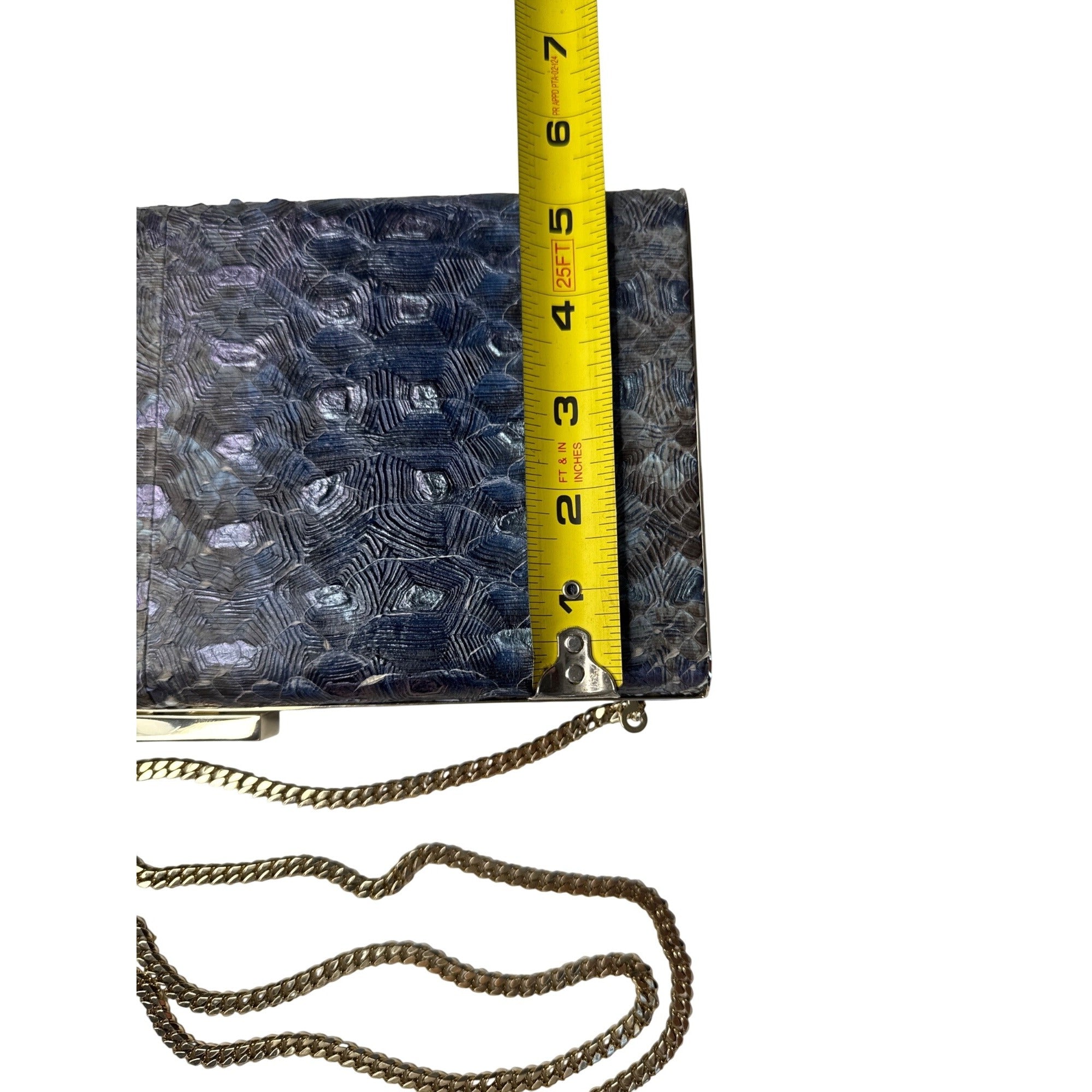 Dee Ocleppo Blue Embossed Snake Print Clutch W/ Gold Chain Strap 10" X 4.5" X 2"