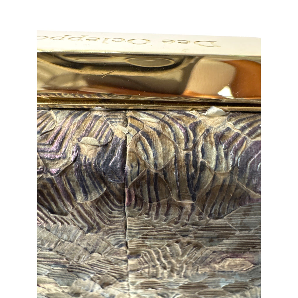 Dee Ocleppo Blue Embossed Snake Print Clutch W/ Gold Chain Strap 10" X 4.5" X 2"