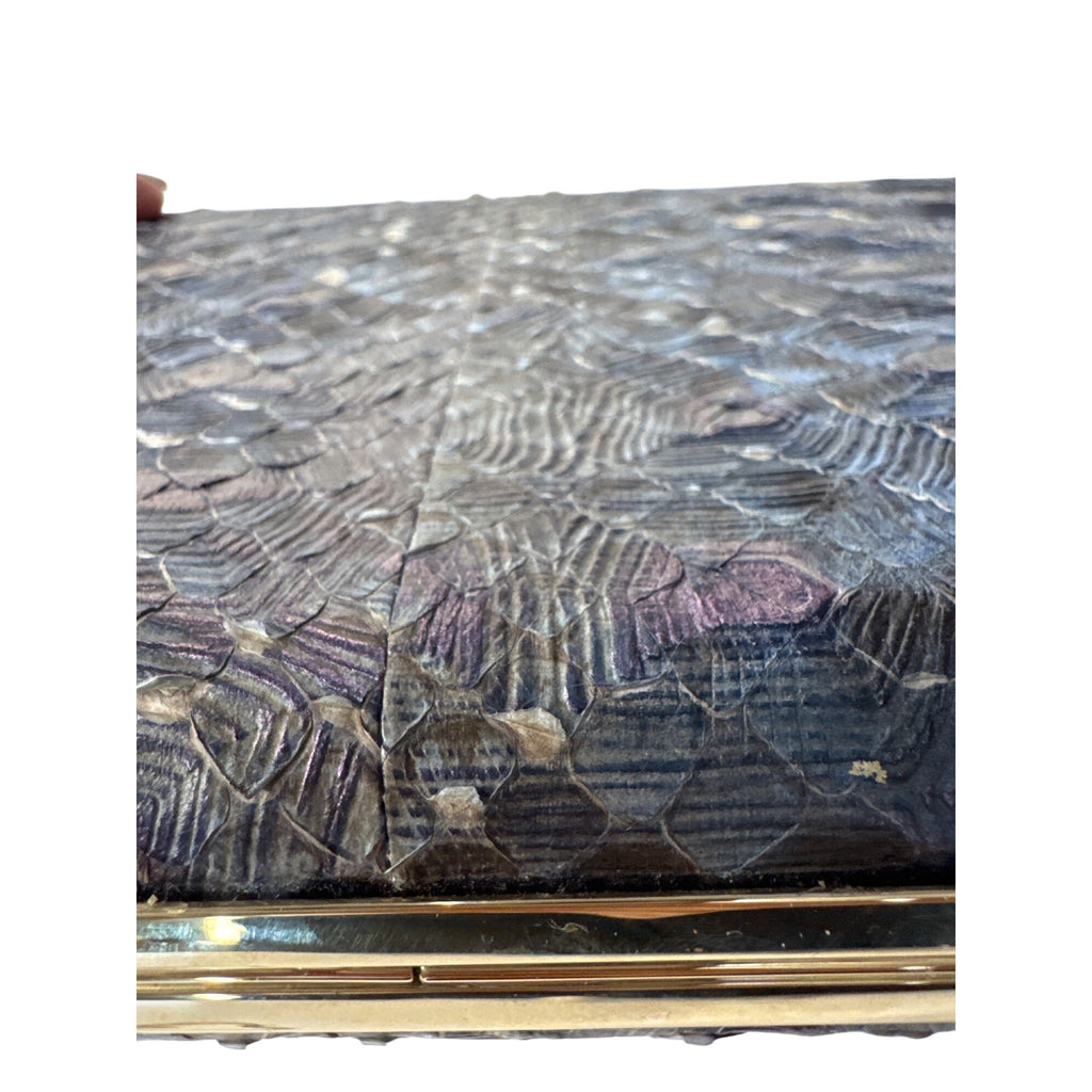 Dee Ocleppo Blue Embossed Snake Print Clutch W/ Gold Chain Strap 10" X 4.5" X 2"