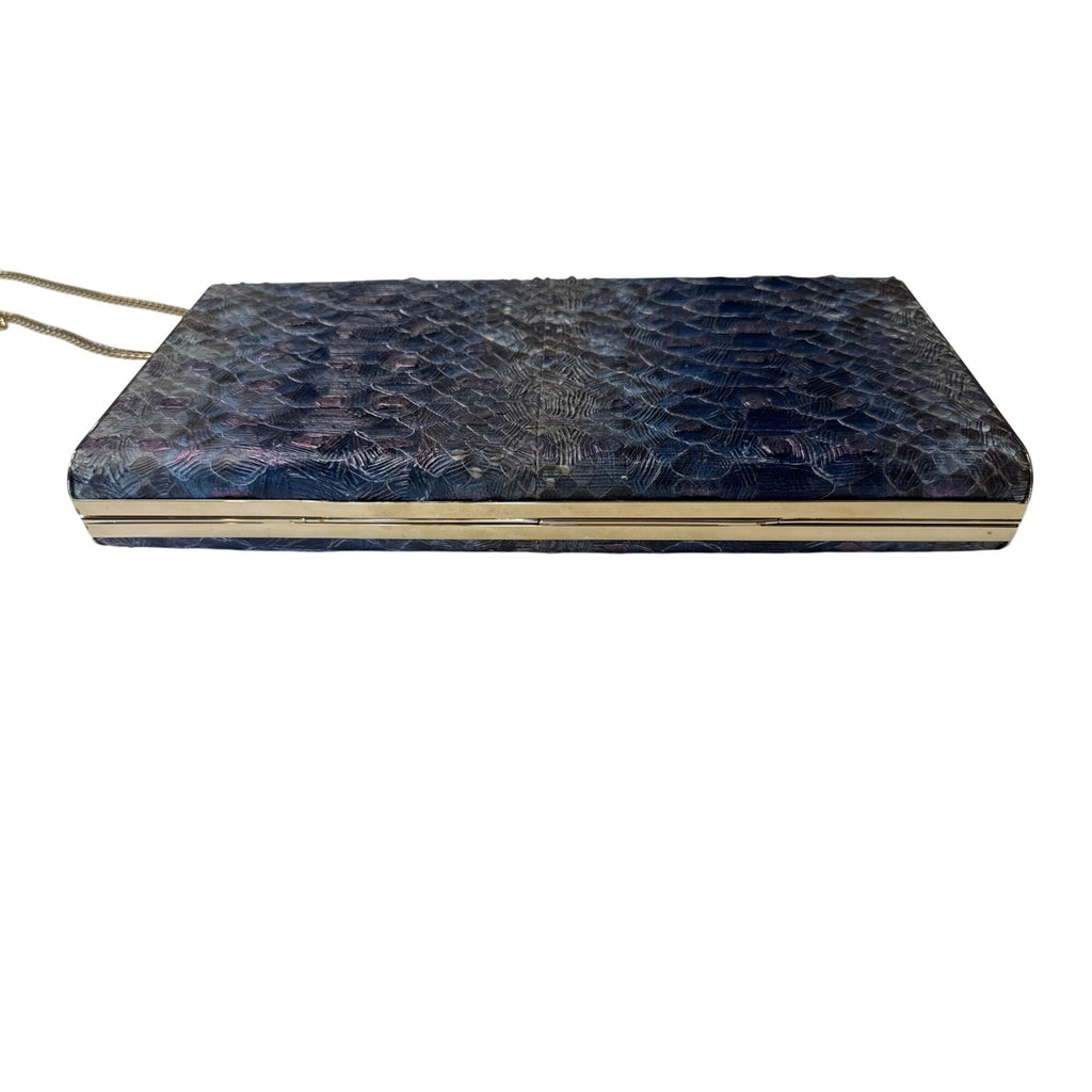 Dee Ocleppo Blue Embossed Snake Print Clutch W/ Gold Chain Strap 10" X 4.5" X 2"