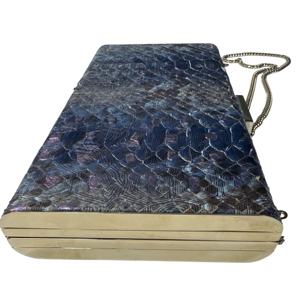 Dee Ocleppo Blue Embossed Snake Print Clutch W/ Gold Chain Strap 10" X 4.5" X 2"