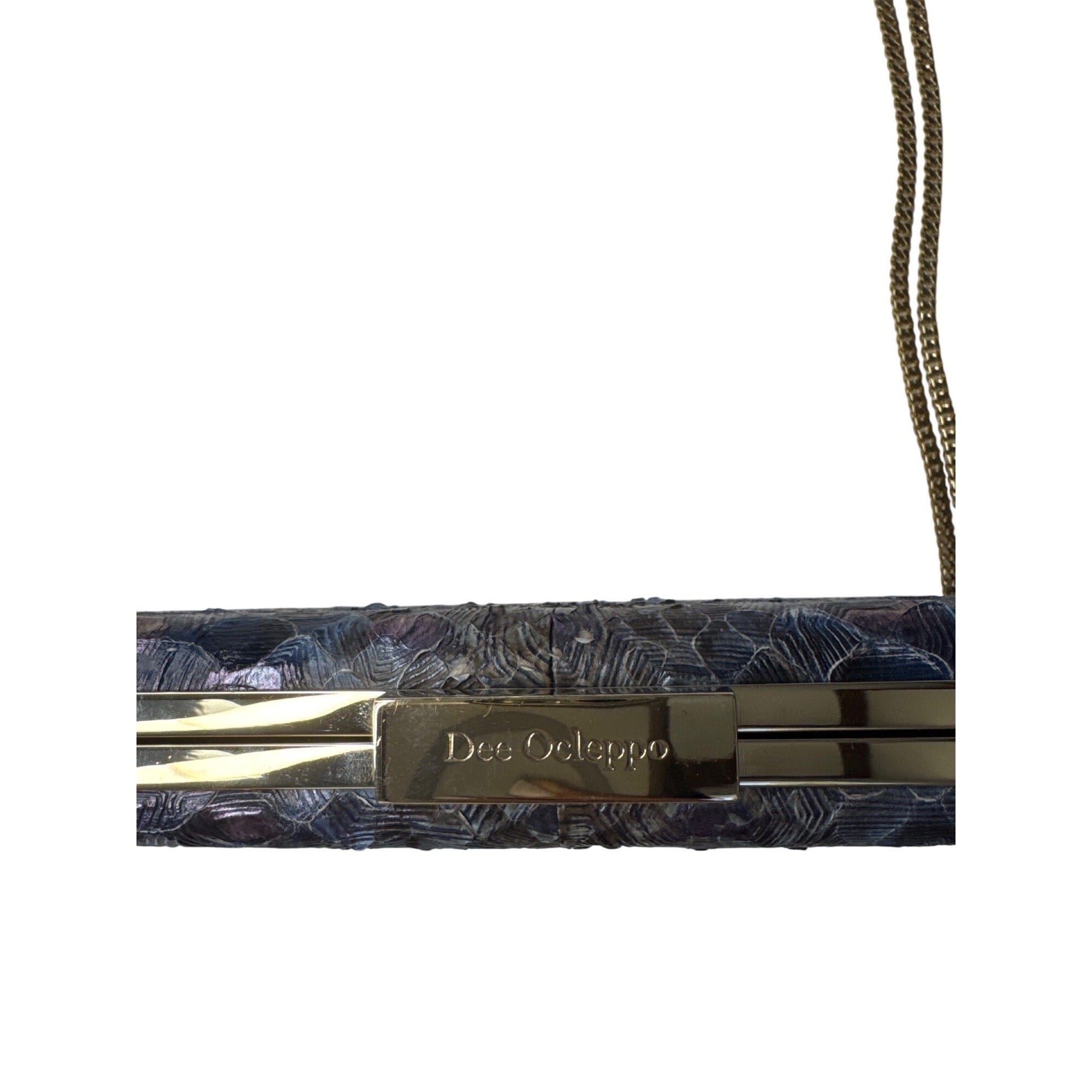 Dee Ocleppo Blue Embossed Snake Print Clutch W/ Gold Chain Strap 10" X 4.5" X 2"