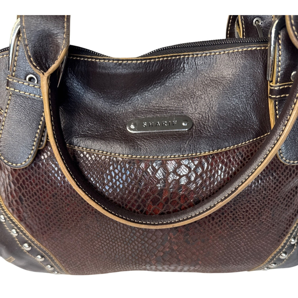Sharif Brown Leather & Snakeskin Pattern Studded Shoulder Bag W/Double Handles