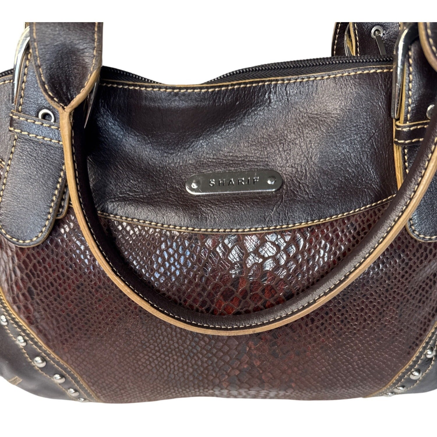 Sharif Brown Leather & Snakeskin Pattern Studded Shoulder Bag W/Double Handles