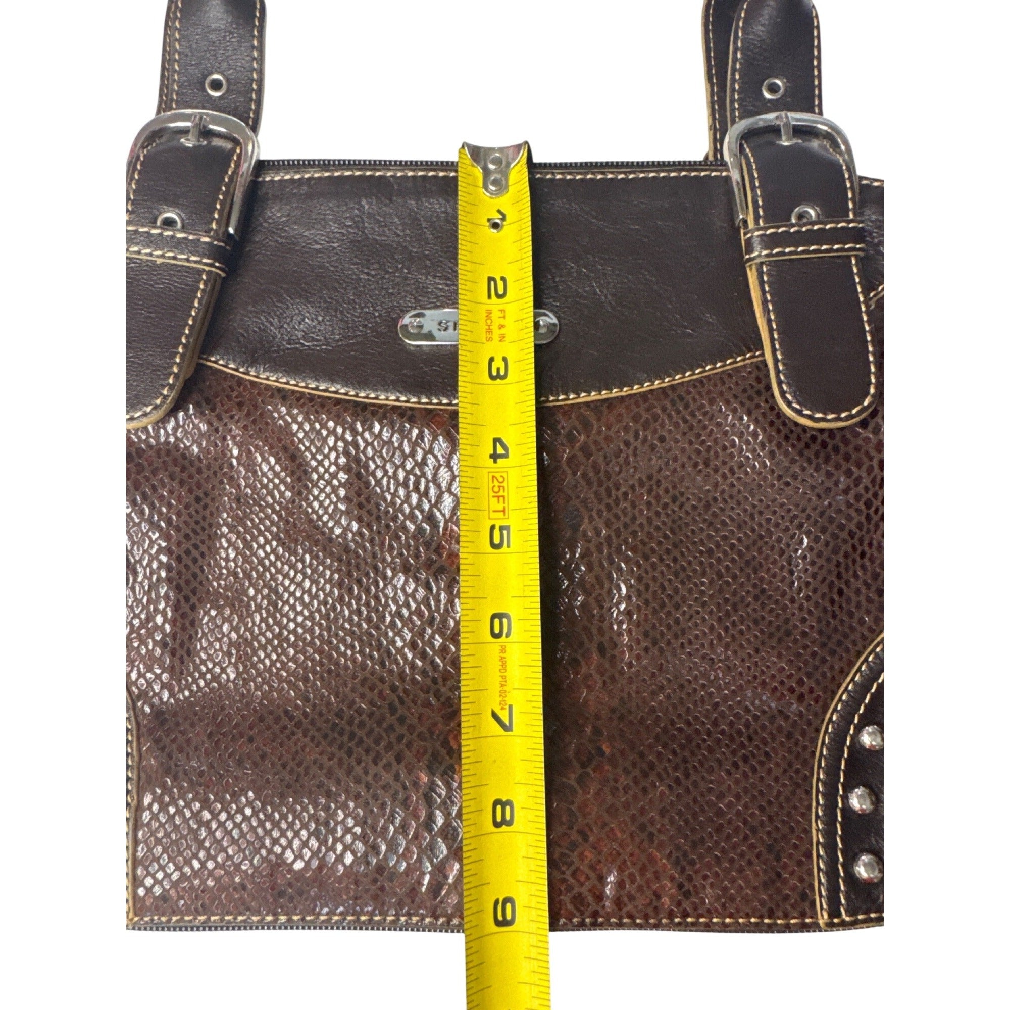 Sharif Brown Leather & Snakeskin Pattern Studded Shoulder Bag W/Double Handles