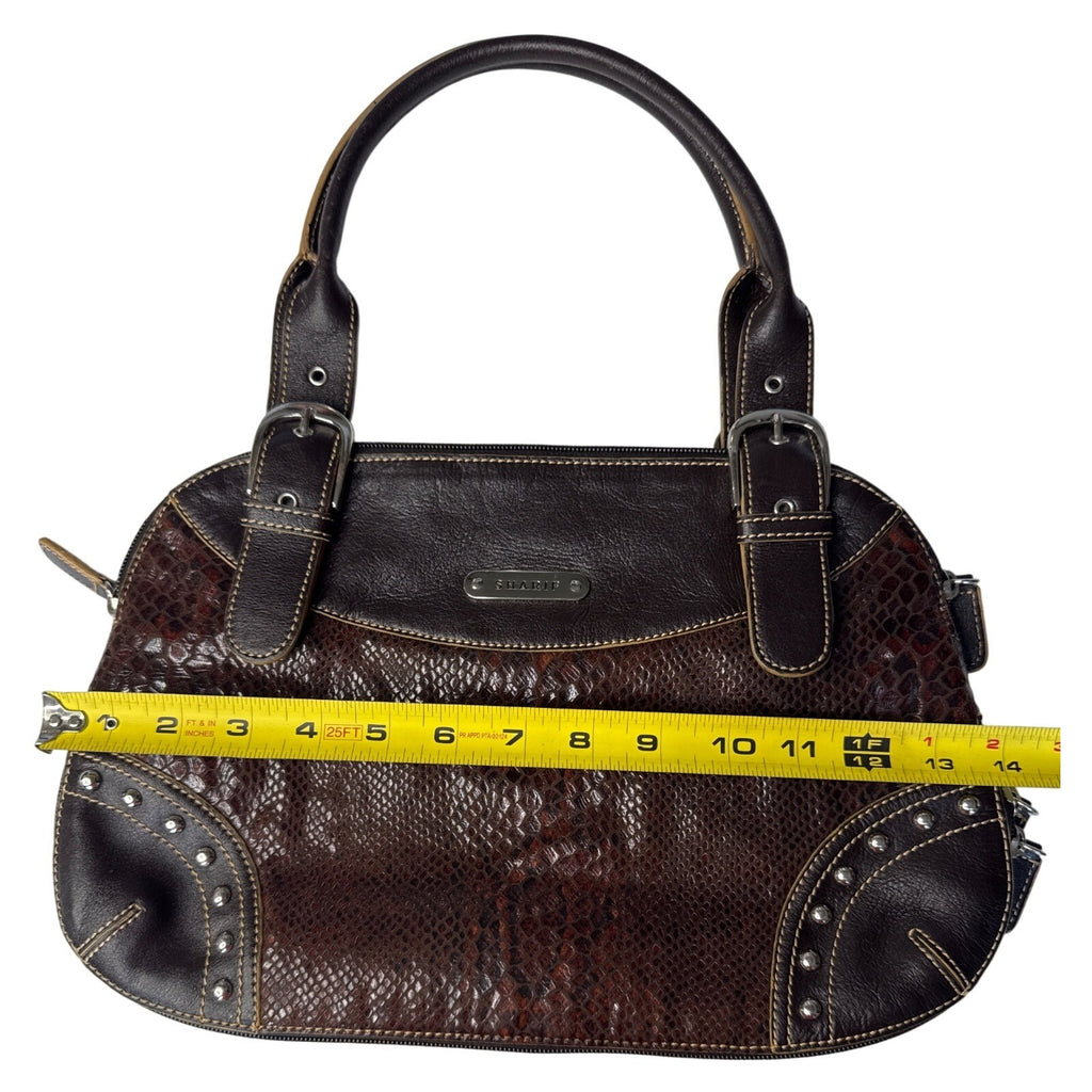Sharif Brown Leather & Snakeskin Pattern Studded Shoulder Bag W/Double Handles