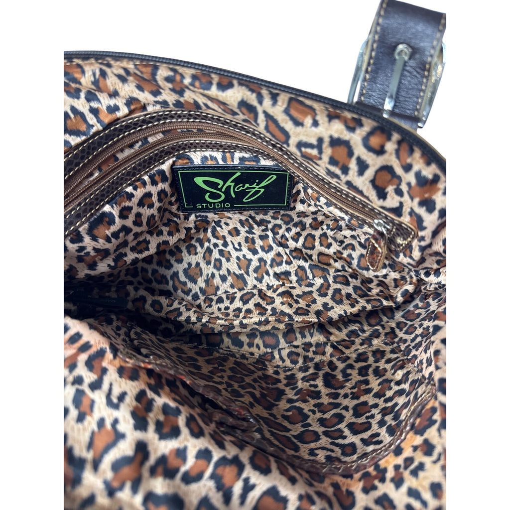 Sharif Brown Leather & Snakeskin Pattern Studded Shoulder Bag W/Double Handles