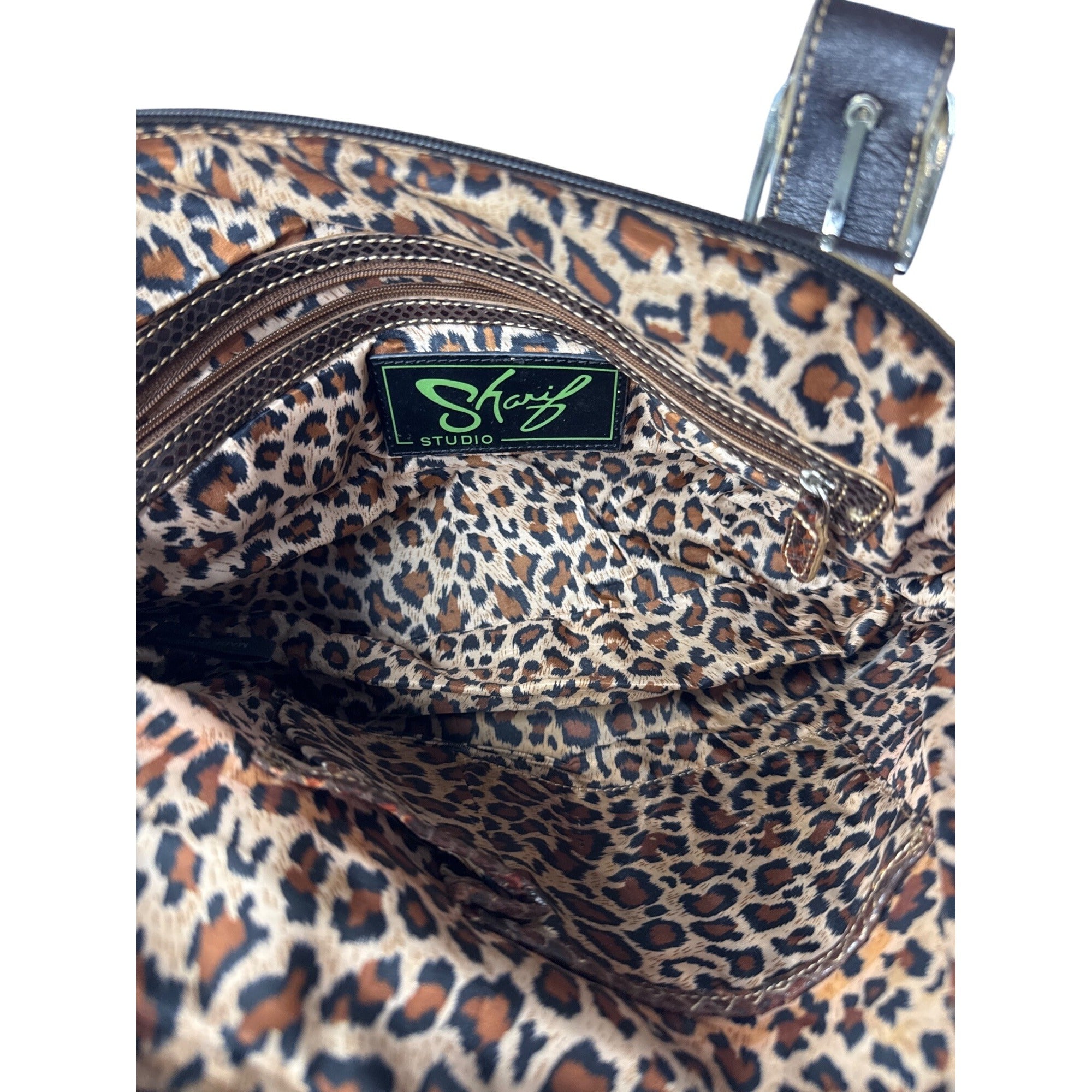 Sharif Brown Leather & Snakeskin Pattern Studded Shoulder Bag W/Double Handles