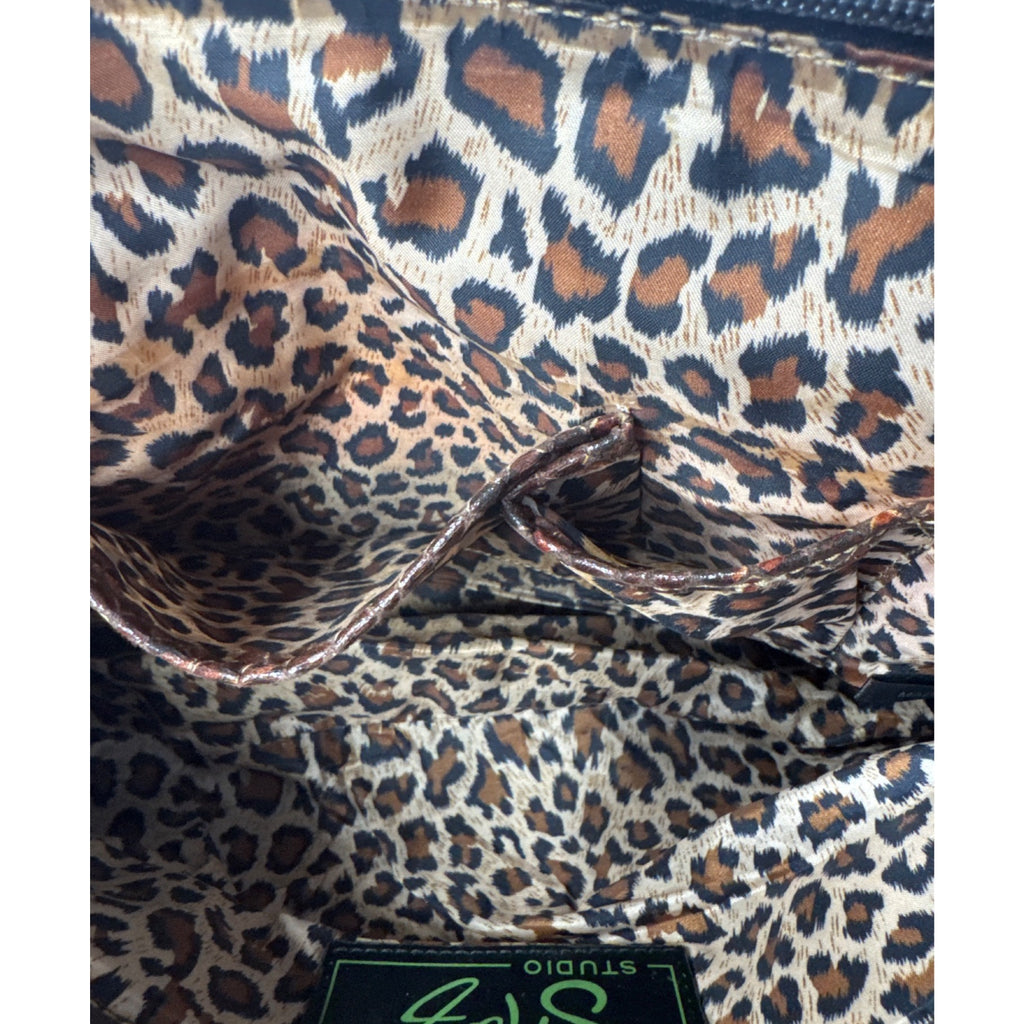 Sharif Brown Leather & Snakeskin Pattern Studded Shoulder Bag W/Double Handles