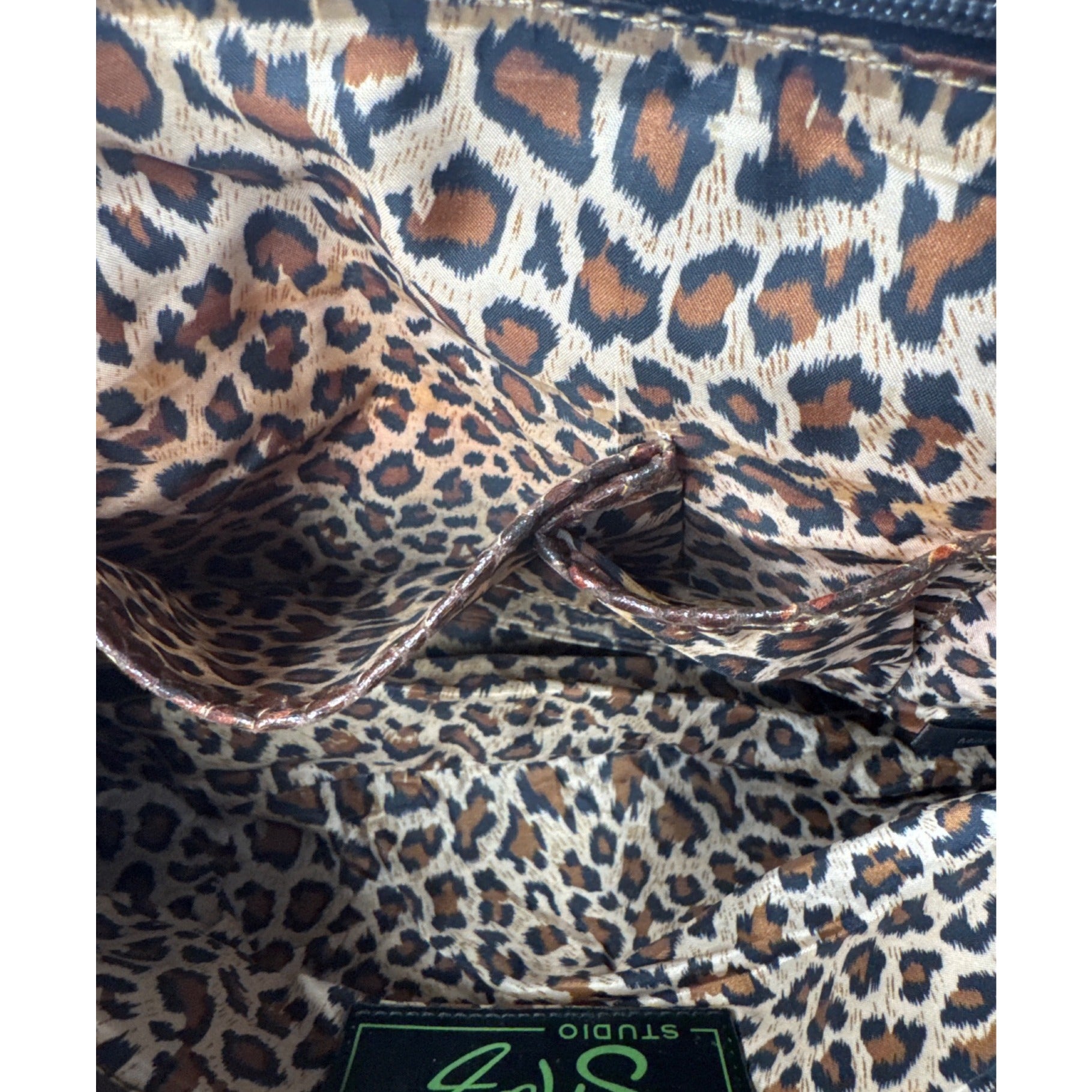 Sharif Brown Leather & Snakeskin Pattern Studded Shoulder Bag W/Double Handles