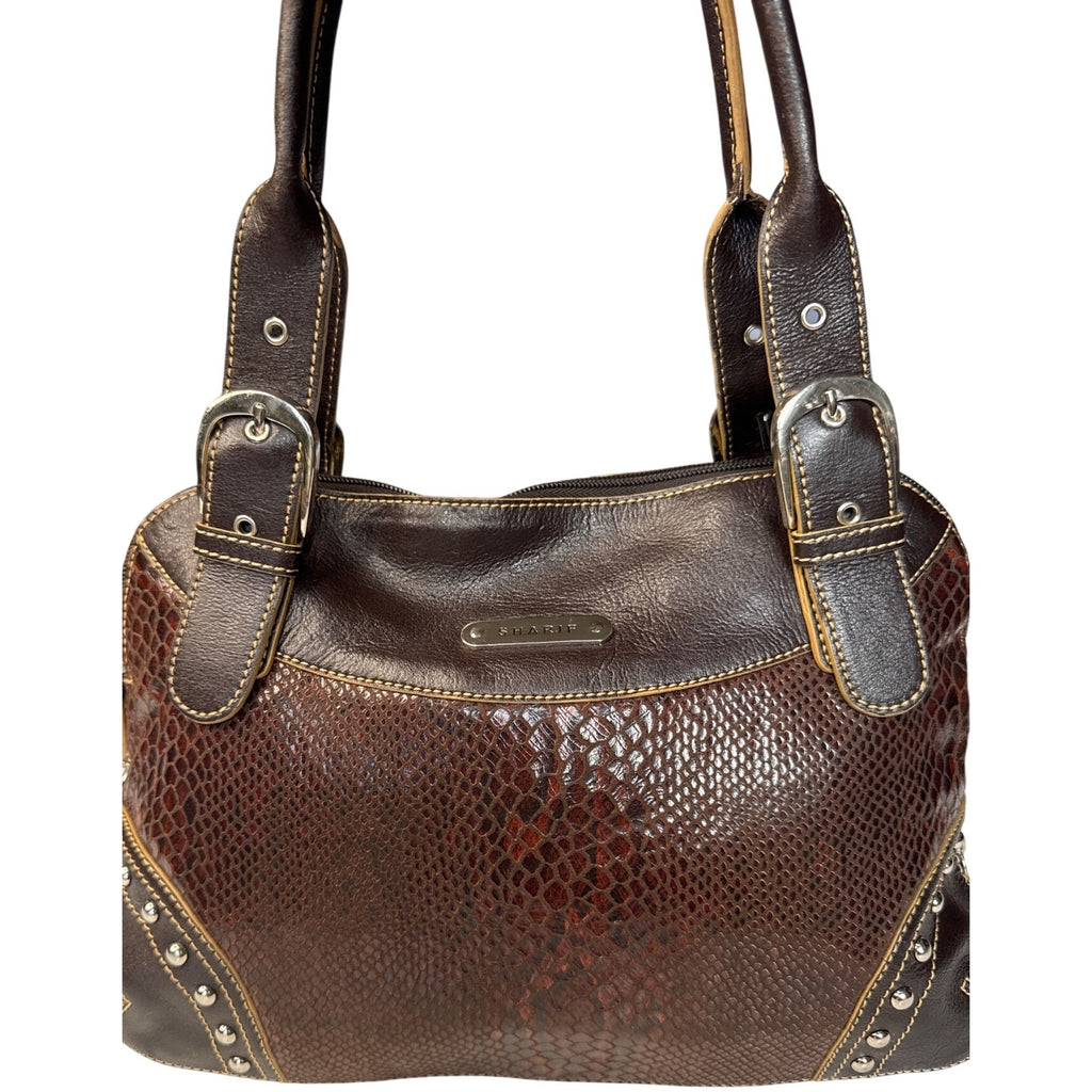 Sharif Brown Leather & Snakeskin Pattern Studded Shoulder Bag W/Double Handles
