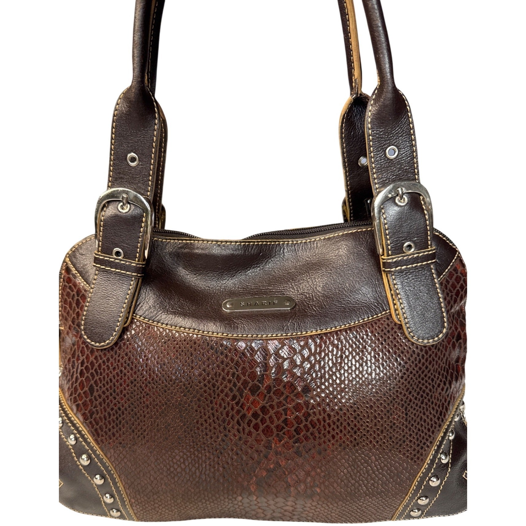 Sharif Brown Leather & Snakeskin Pattern Studded Shoulder Bag W/Double Handles