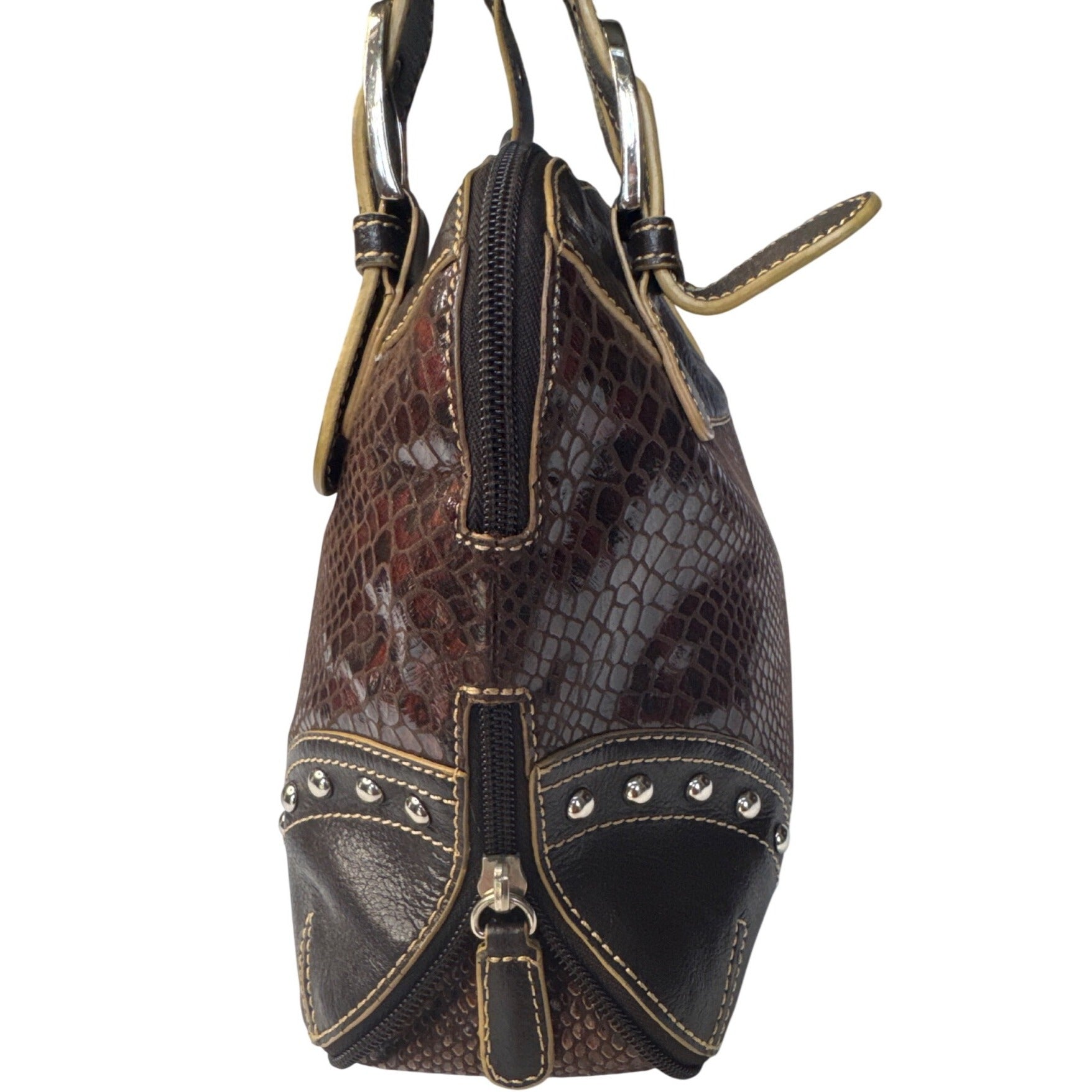 Sharif Brown Leather & Snakeskin Pattern Studded Shoulder Bag W/Double Handles
