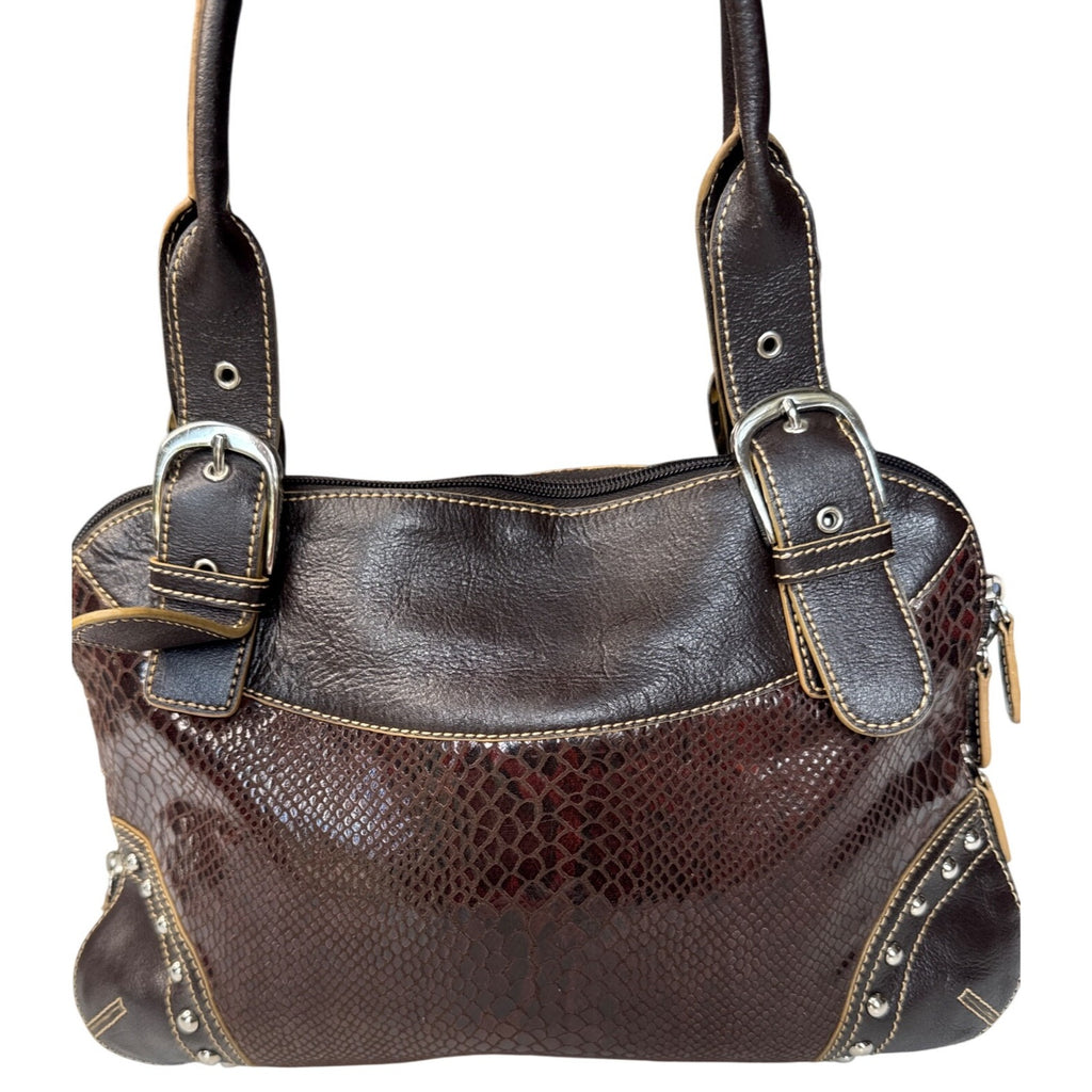 Sharif Brown Leather & Snakeskin Pattern Studded Shoulder Bag W/Double Handles