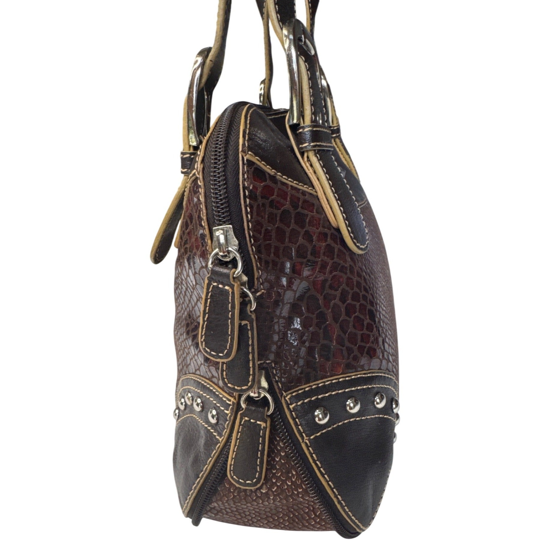 Sharif Brown Leather & Snakeskin Pattern Studded Shoulder Bag W/Double Handles