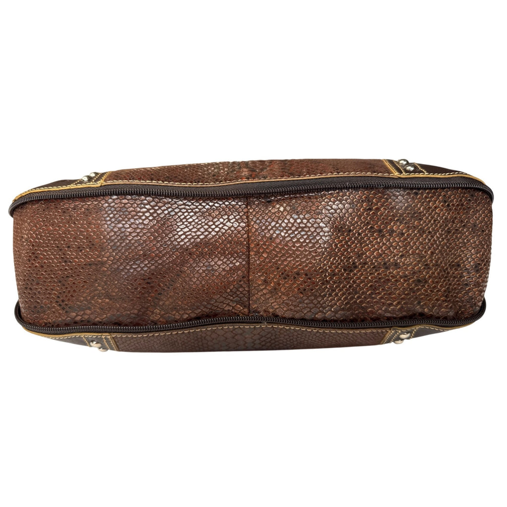 Sharif Brown Leather & Snakeskin Pattern Studded Shoulder Bag W/Double Handles