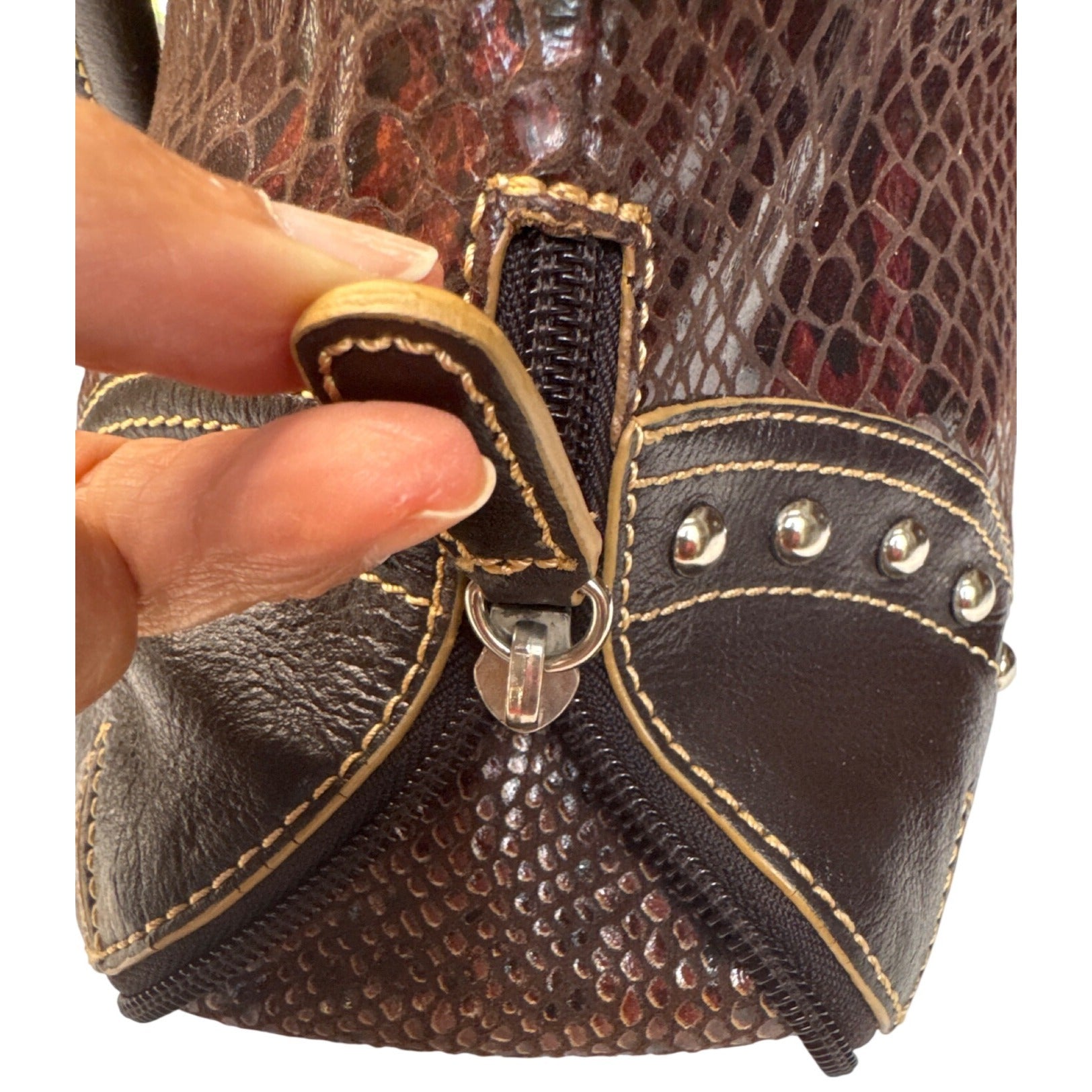 Sharif Brown Leather & Snakeskin Pattern Studded Shoulder Bag W/Double Handles