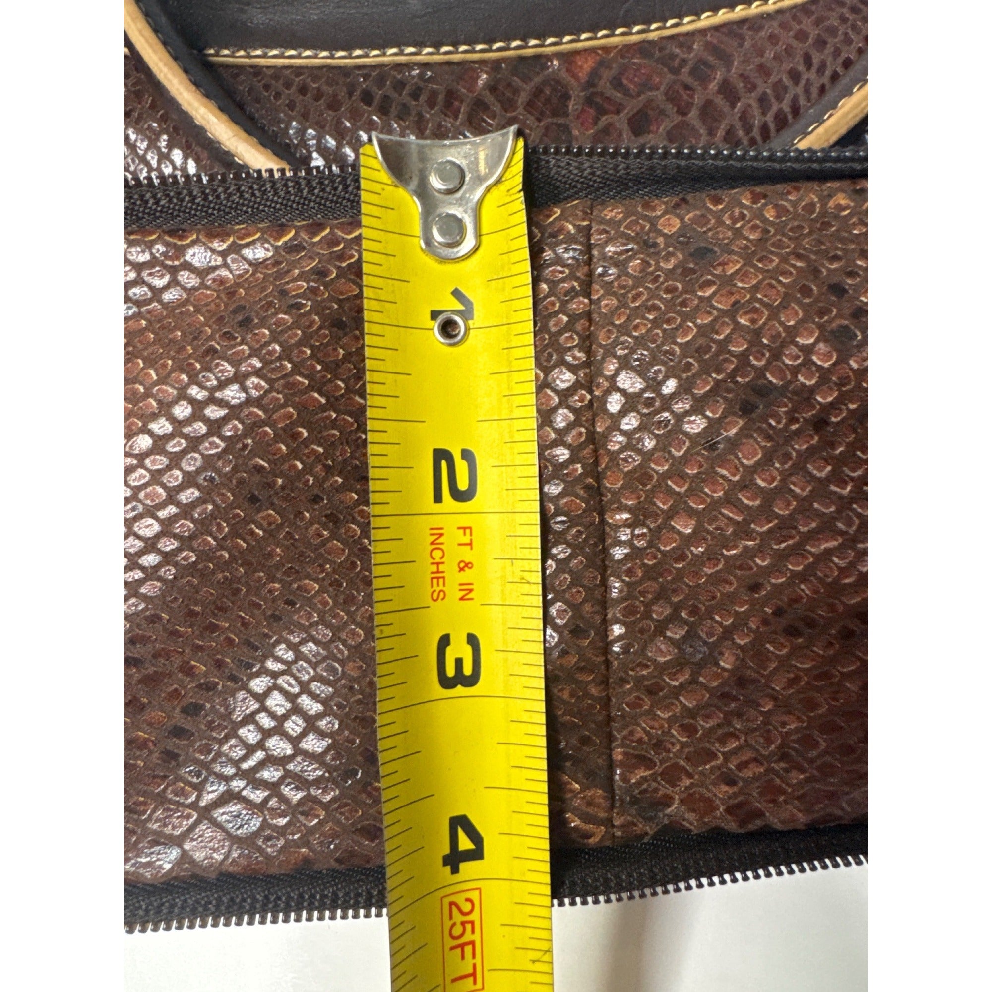 Sharif Brown Leather & Snakeskin Pattern Studded Shoulder Bag W/Double Handles