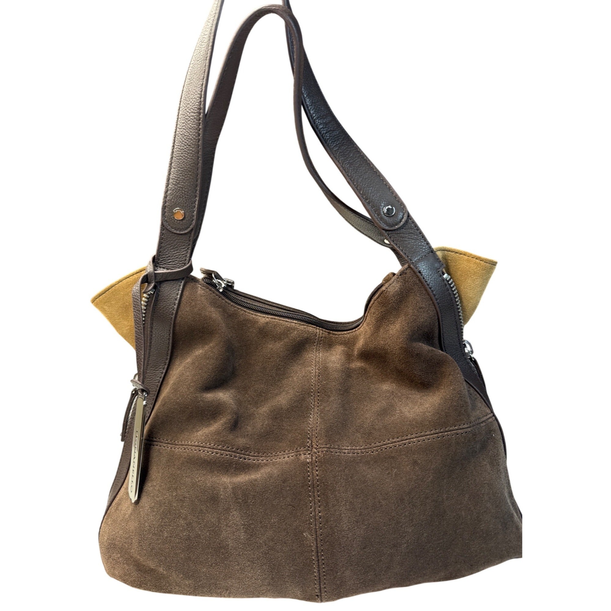 Tignanello Brown Suede & Leather Hobo Shoulder Bag W/Gold Interior Lining