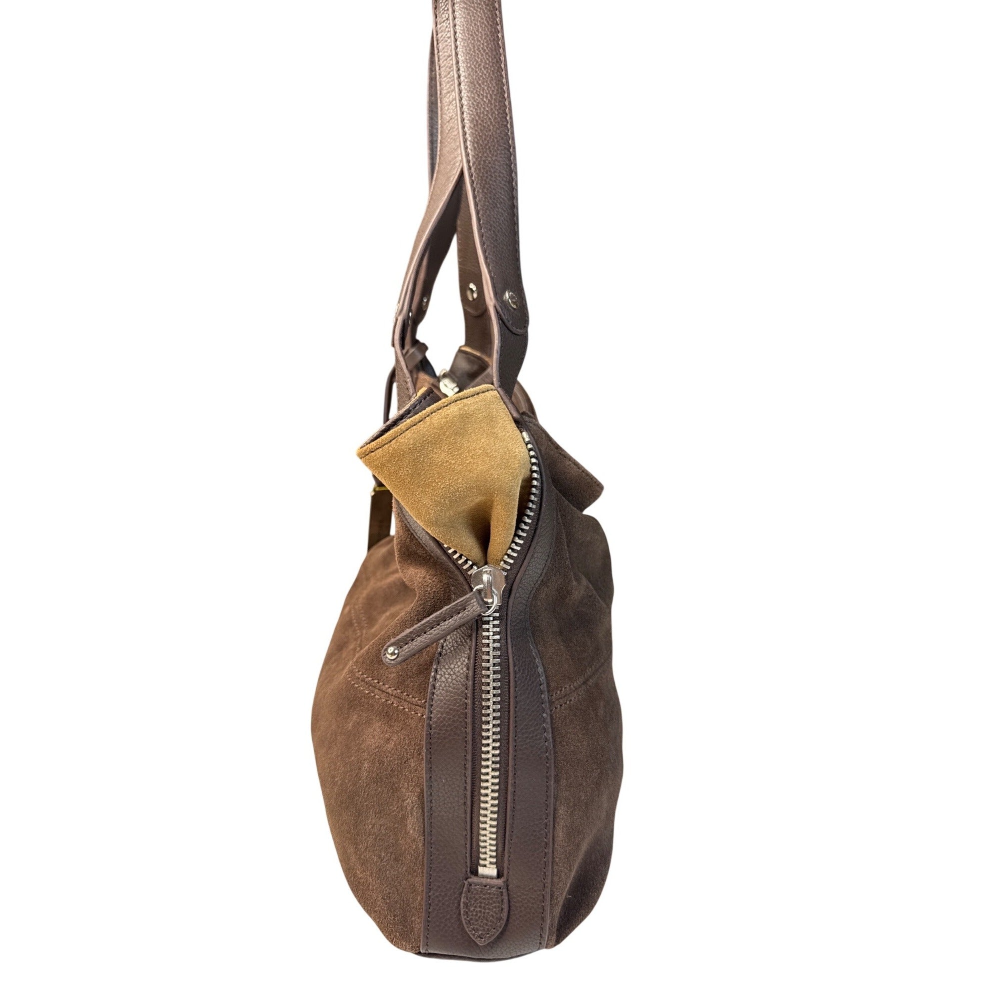 Tignanello Brown Suede & Leather Hobo Shoulder Bag W/Gold Interior Lining