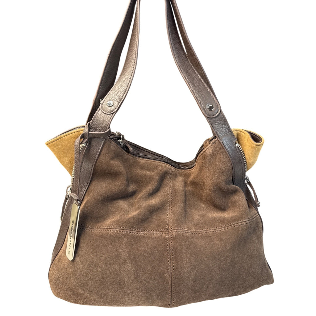 Tignanello Brown Suede & Leather Hobo Shoulder Bag W/Gold Interior Lining