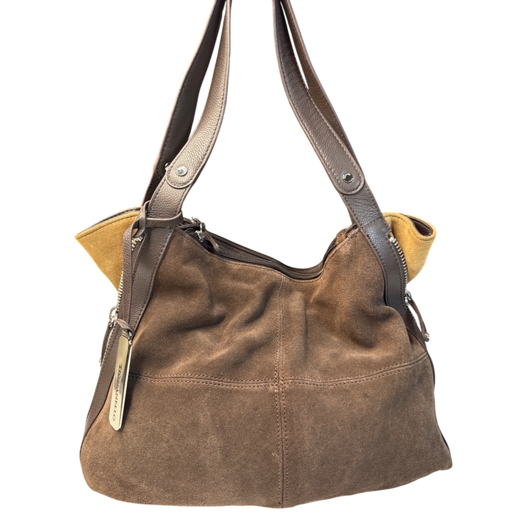 Tignanello Brown Suede & Leather Hobo Shoulder Bag W/Gold Interior Lining