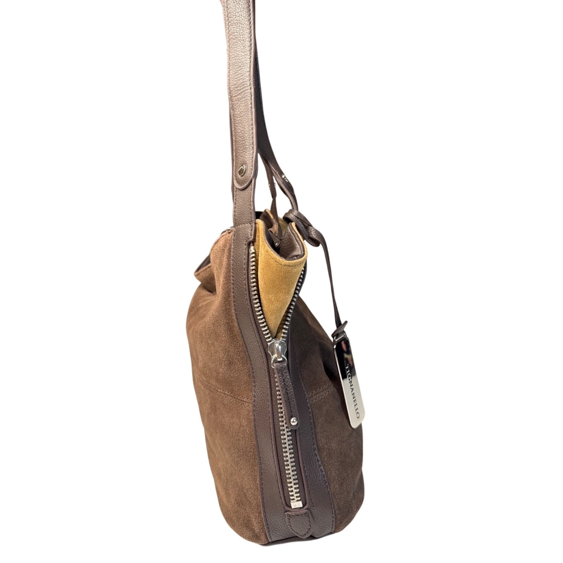 Tignanello Brown Suede & Leather Hobo Shoulder Bag W/Gold Interior Lining