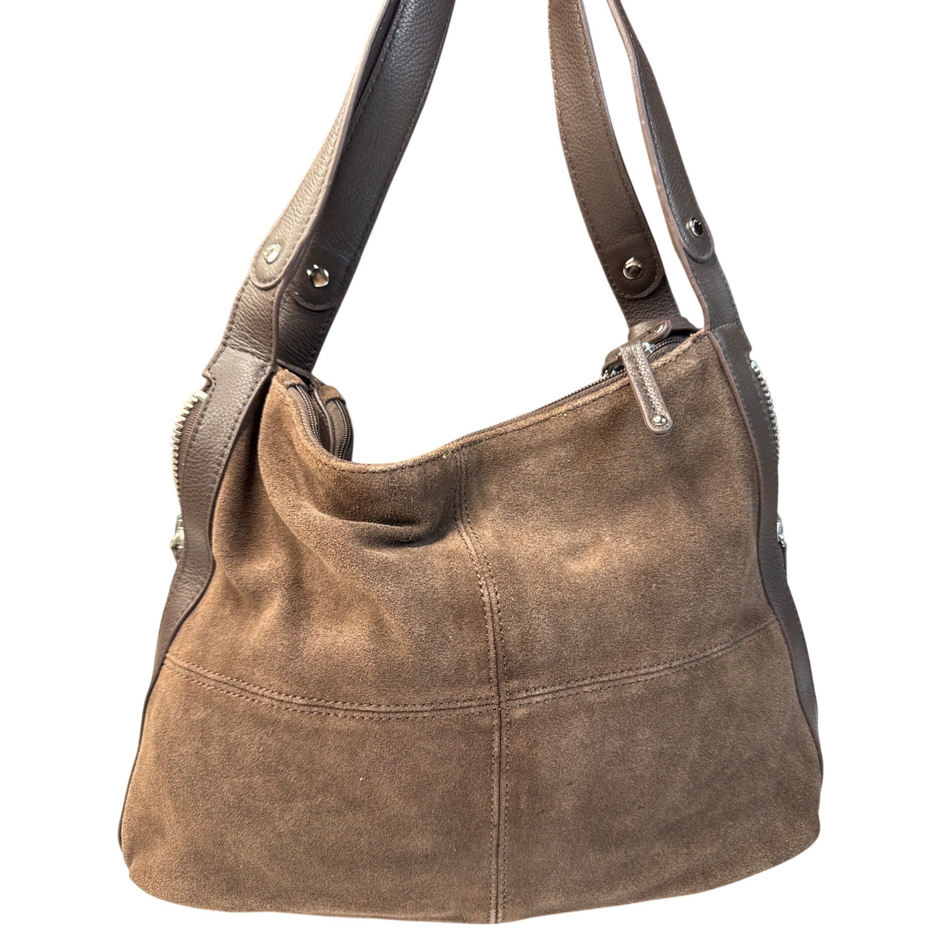 Tignanello Brown Suede & Leather Hobo Shoulder Bag W/Gold Interior Lining