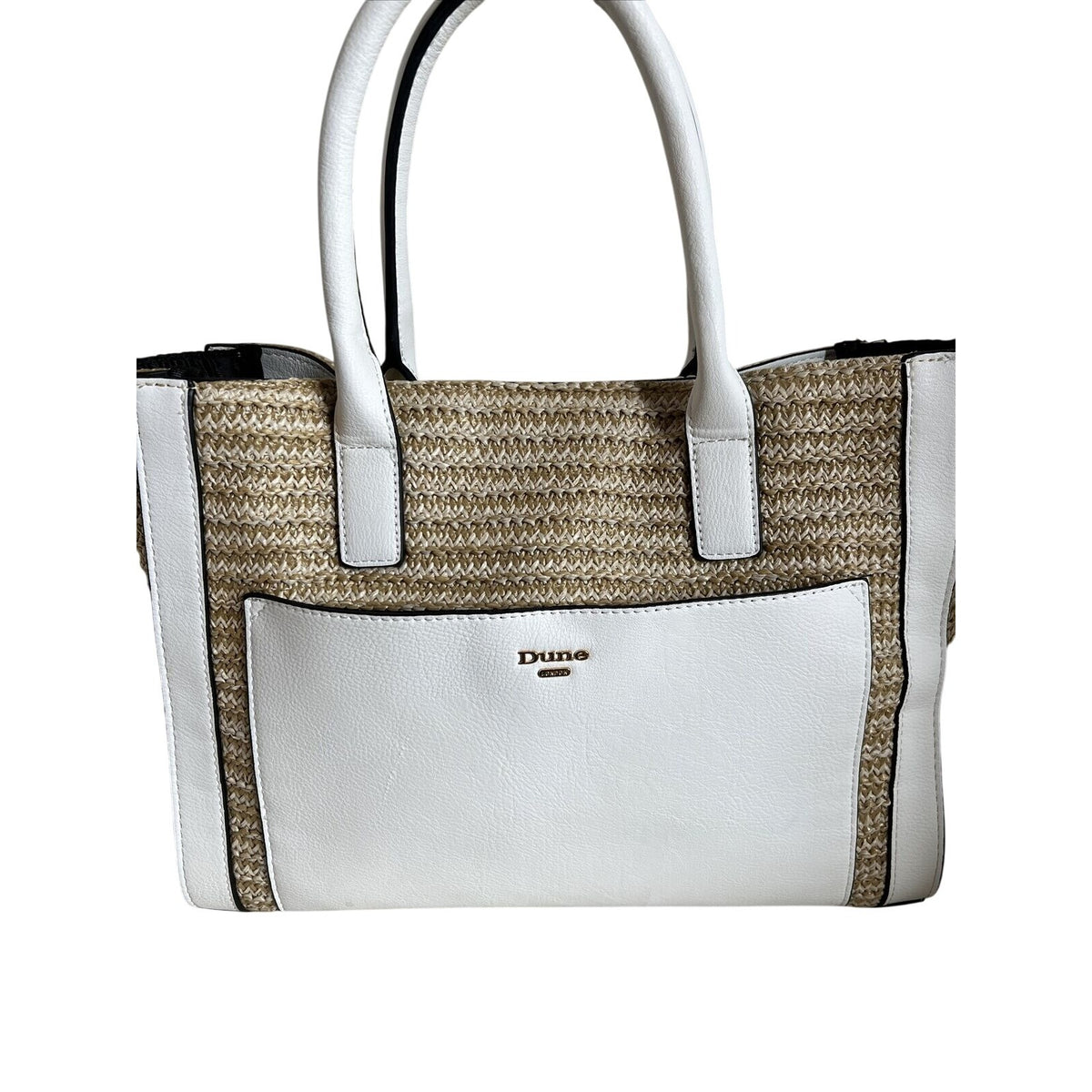 Dune London Straw & Faux White Leather Tote Bag