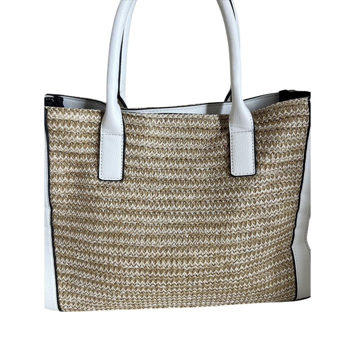 Dune London Straw & Faux White Leather Tote Bag