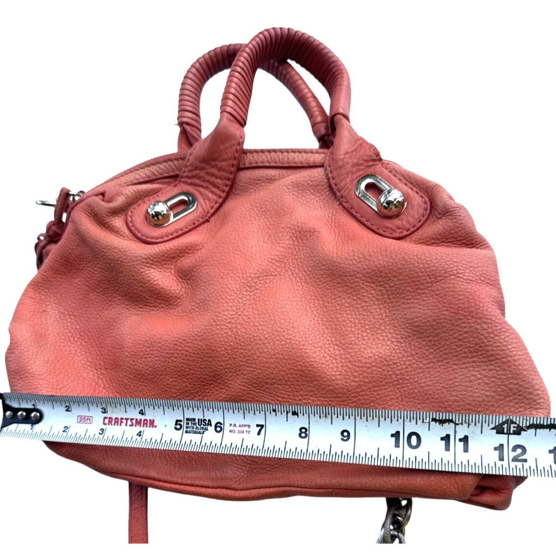 Elliott Lucca Studded Coral Leather Satchel With Chain Strap